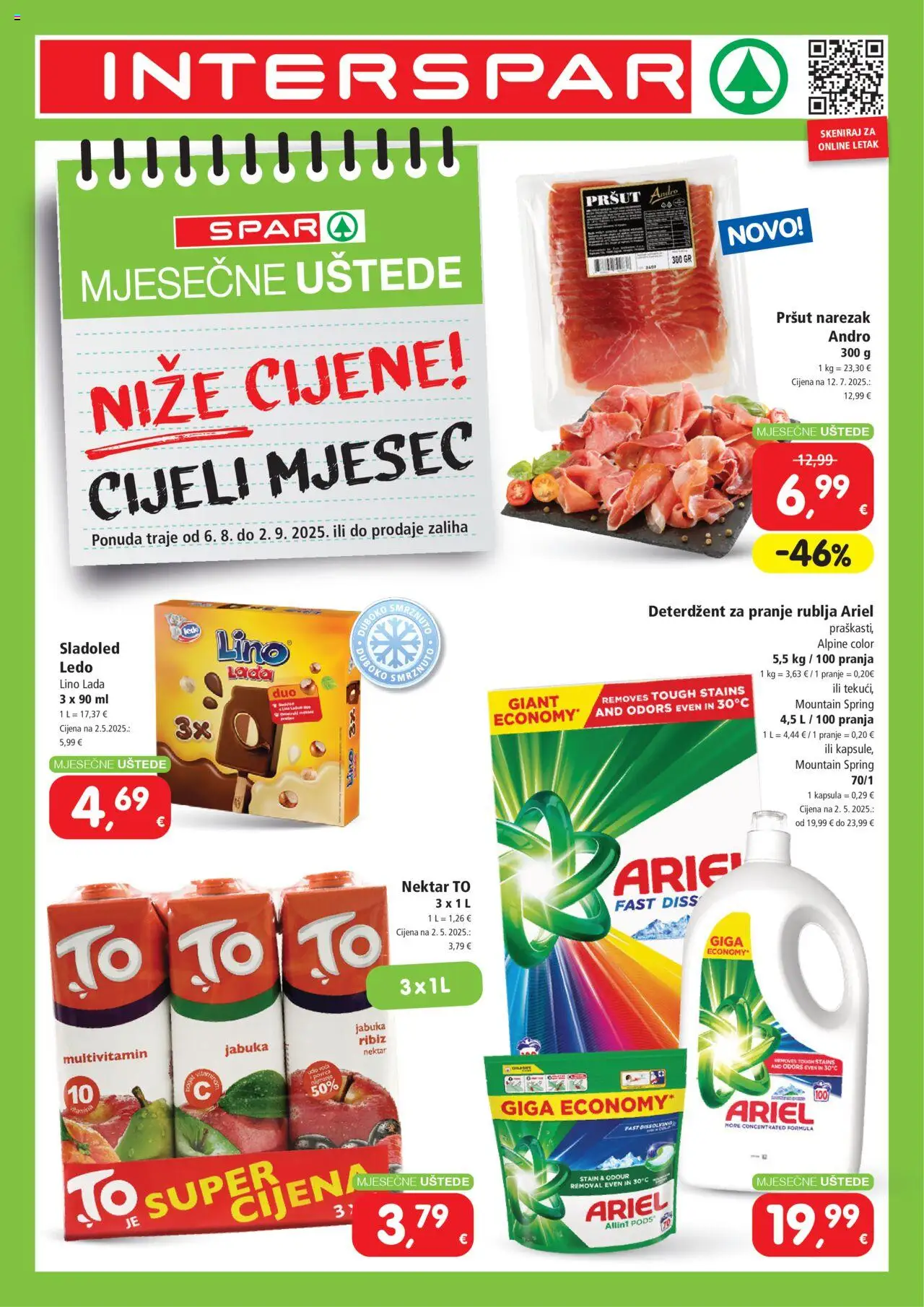 Interspar katalog | vrijedi od 06.08.2025 | Stranica: 1 | Proizvodi: Lino Lada, Pršut, Ledo, Jabuka