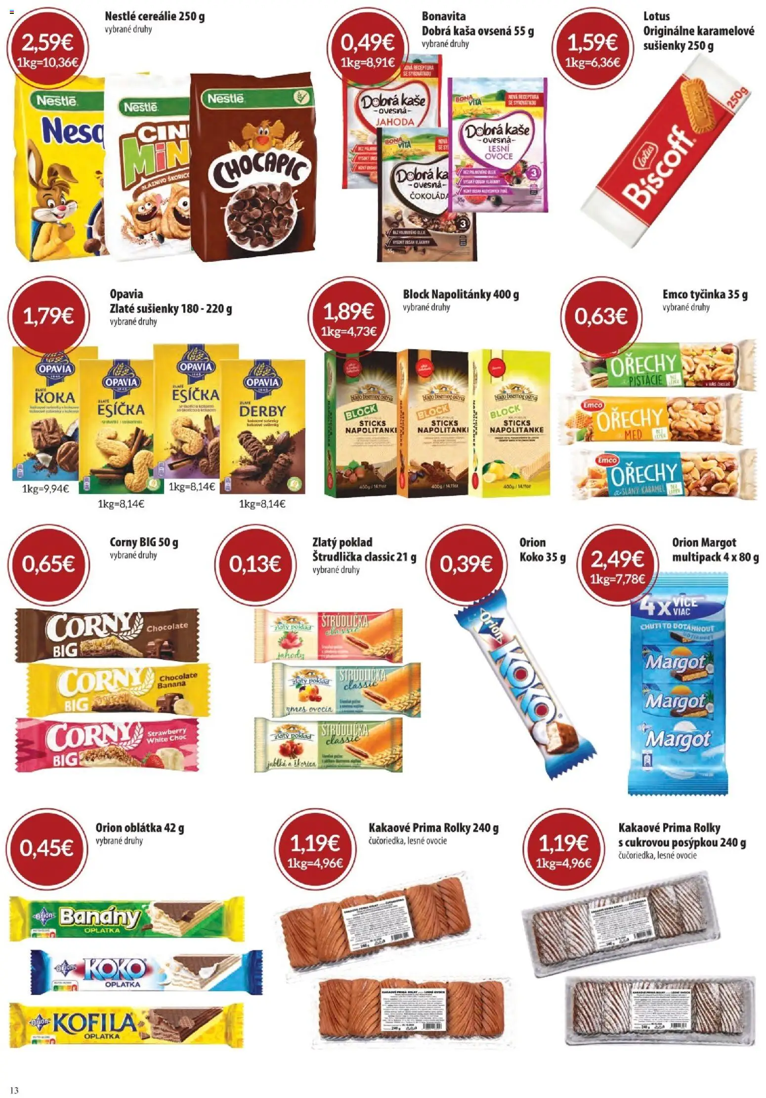 Nové CBA Komfos akcie – leták je platný od 07.05.2026 | Strana: 13 | Produkty: Čokoláda, Cereálie, Pistácie, Ovocie