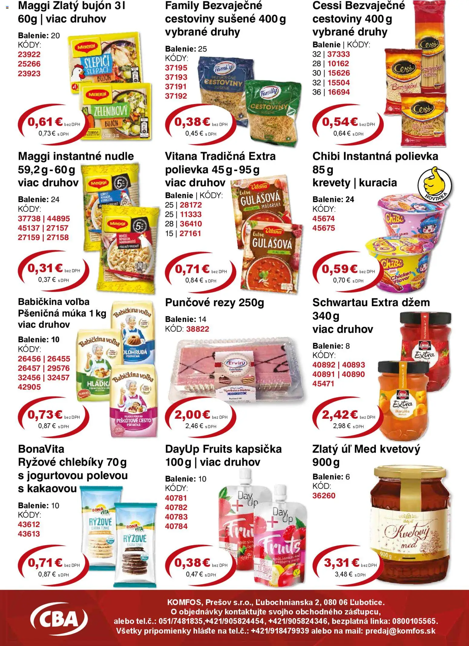 Nové CBA Komfos akcie – leták je platný od 27.03.2026 | Strana: 5 | Produkty: Bujón, Cestoviny, Pšeničná múka, Med