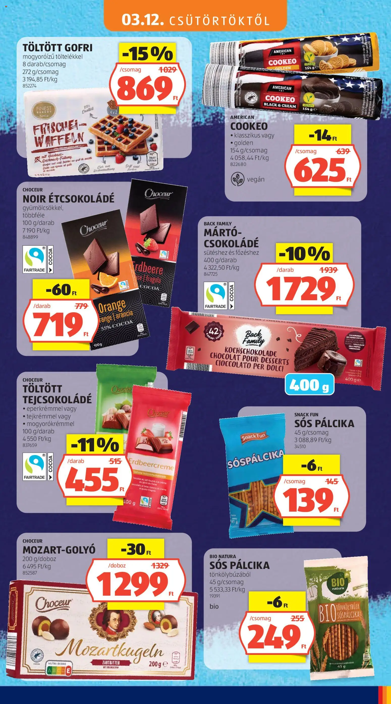 Aldi akciós ujság - amely érvényes a következő dátumtól: 12.03.2026 | Oldal: 17 | Termékek: Sós pálcika, Étcsokoládé, Csokoládé, Vegán