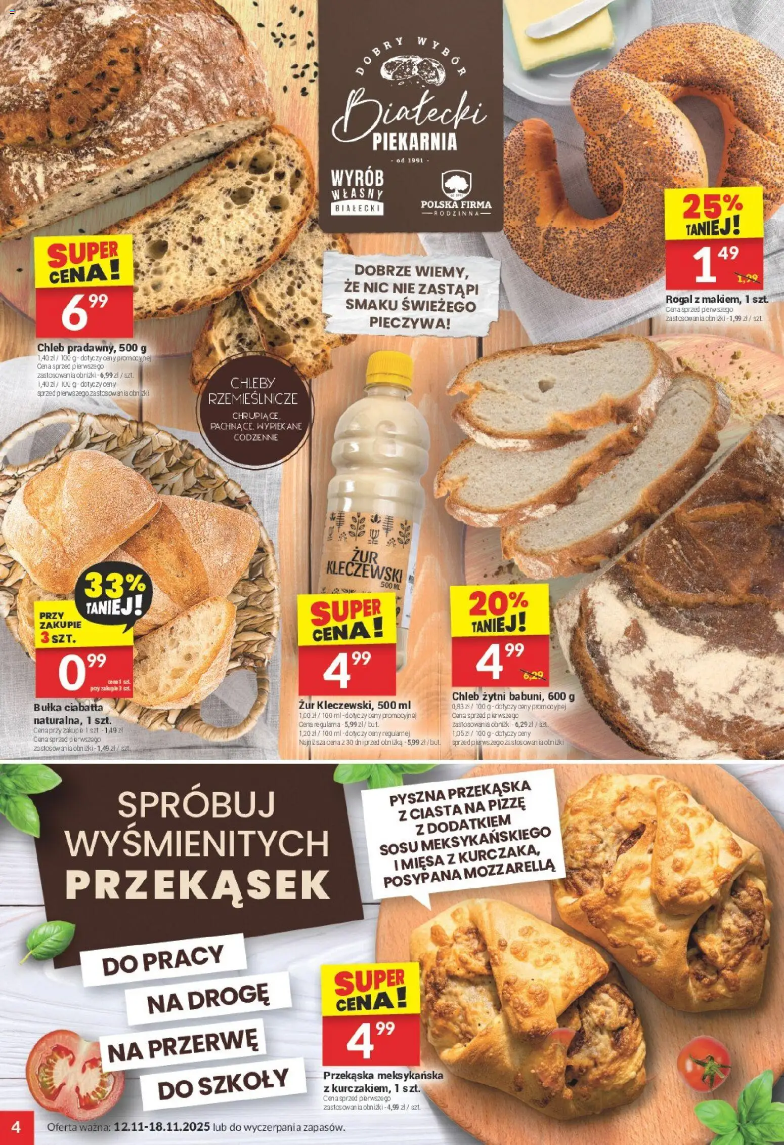 Twój Market Gazetka od 12.11.2025 | Strona: 4 | Produkty: Chleb żytni, Piekarnia, Bułka, Ciabatta