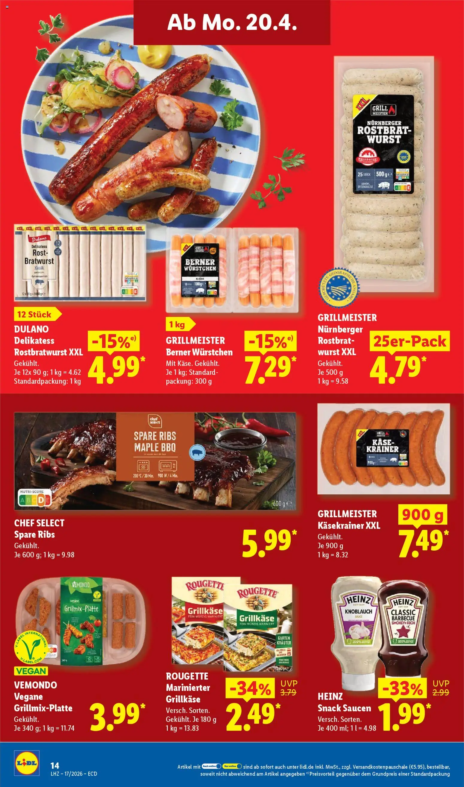Lidl Prospekt – gültig ab 20.04.2026 | Seite: 26 | Produkte: Grill, Käse, Spare ribs, Käsekrainer
