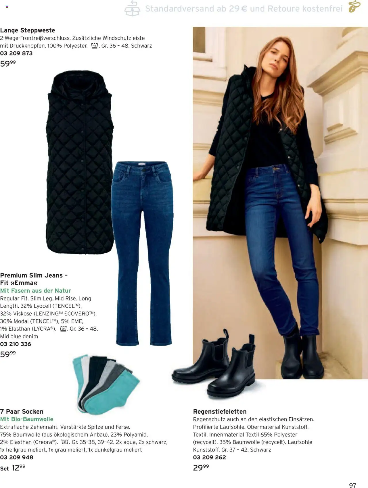 Katalog Tchibo Herbst – gültig ab 15.09.2025 | Seite: 97 | Produkte: Steppweste, Socken, Jeans