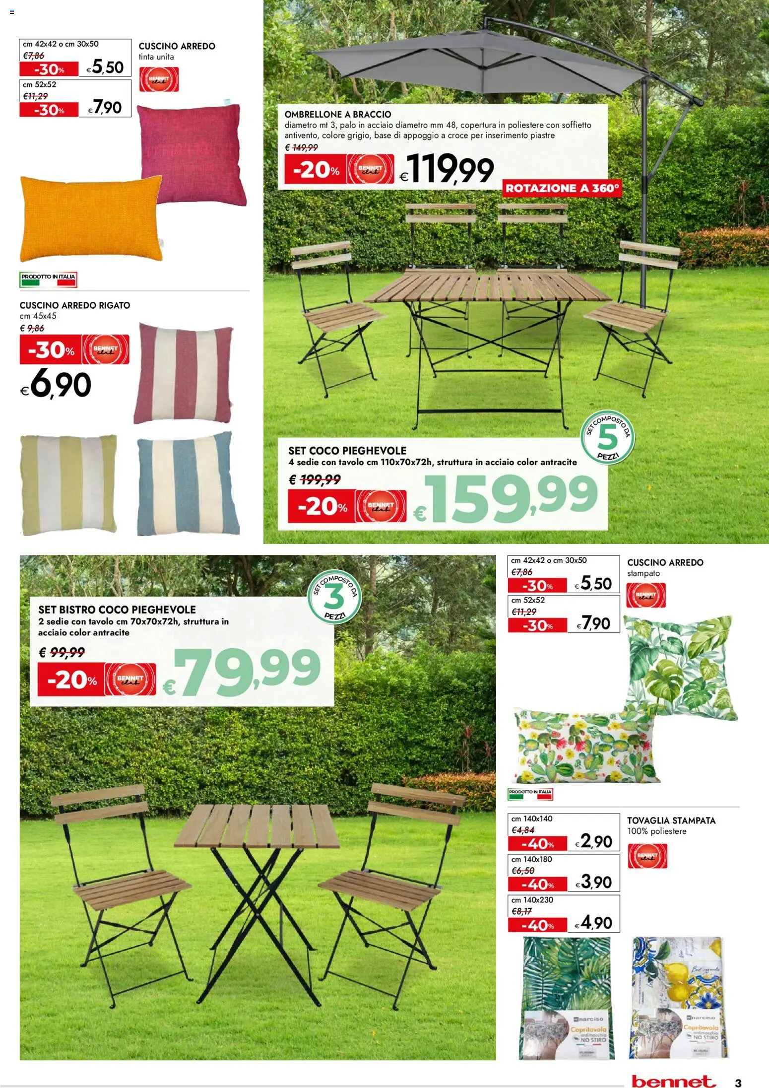 Volantino bennet del 07.04.2026 | Pagina: 3 | Prodotti: Ombrellone, Cuscino, Tavolo, Tovaglia