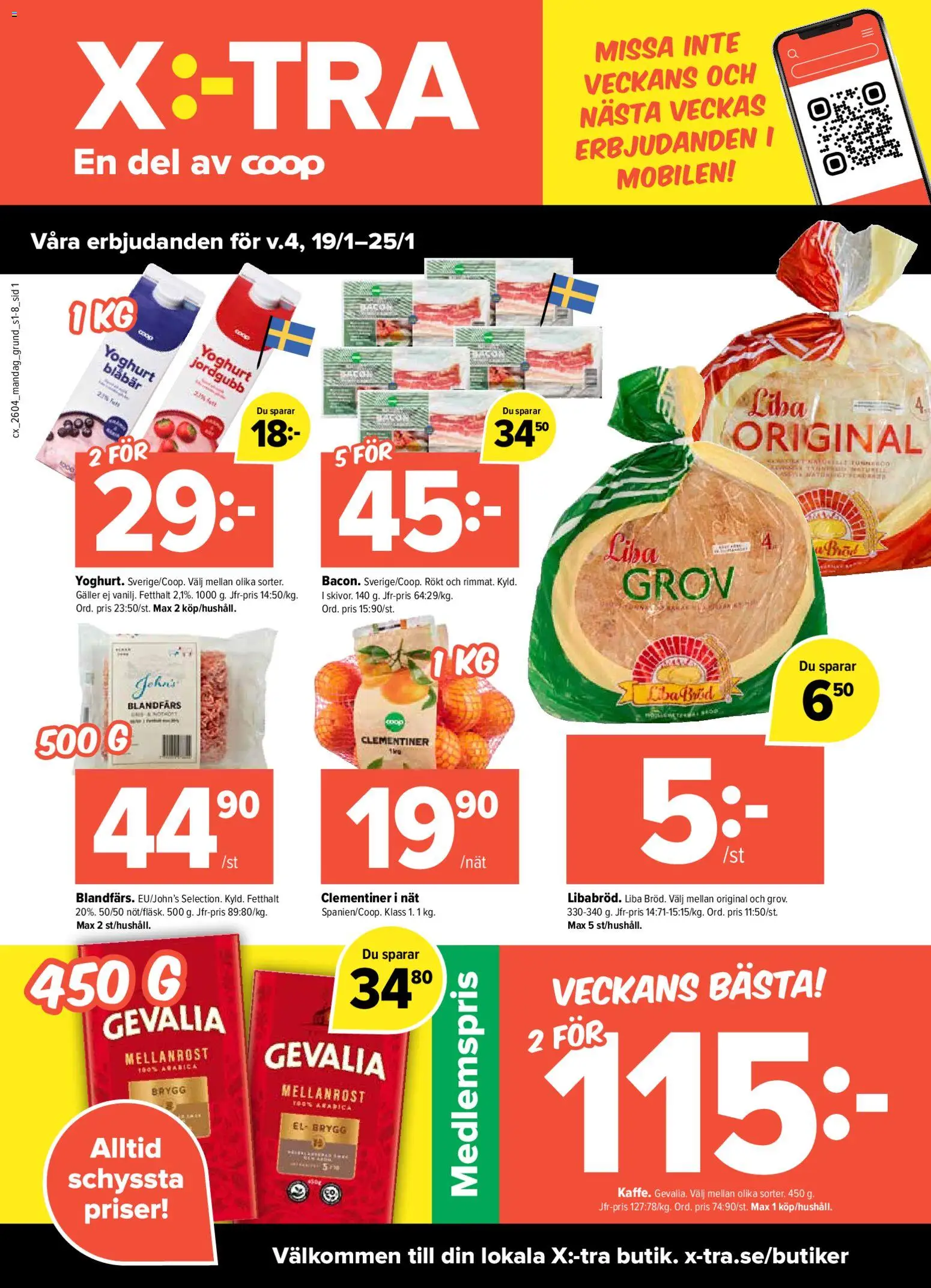 Coop X:-TRA reklamblad aktuell från 19.01.2026 | Sida: 1 | Produkter: Galler, Blandfärs, Yoghurt, Blåbär