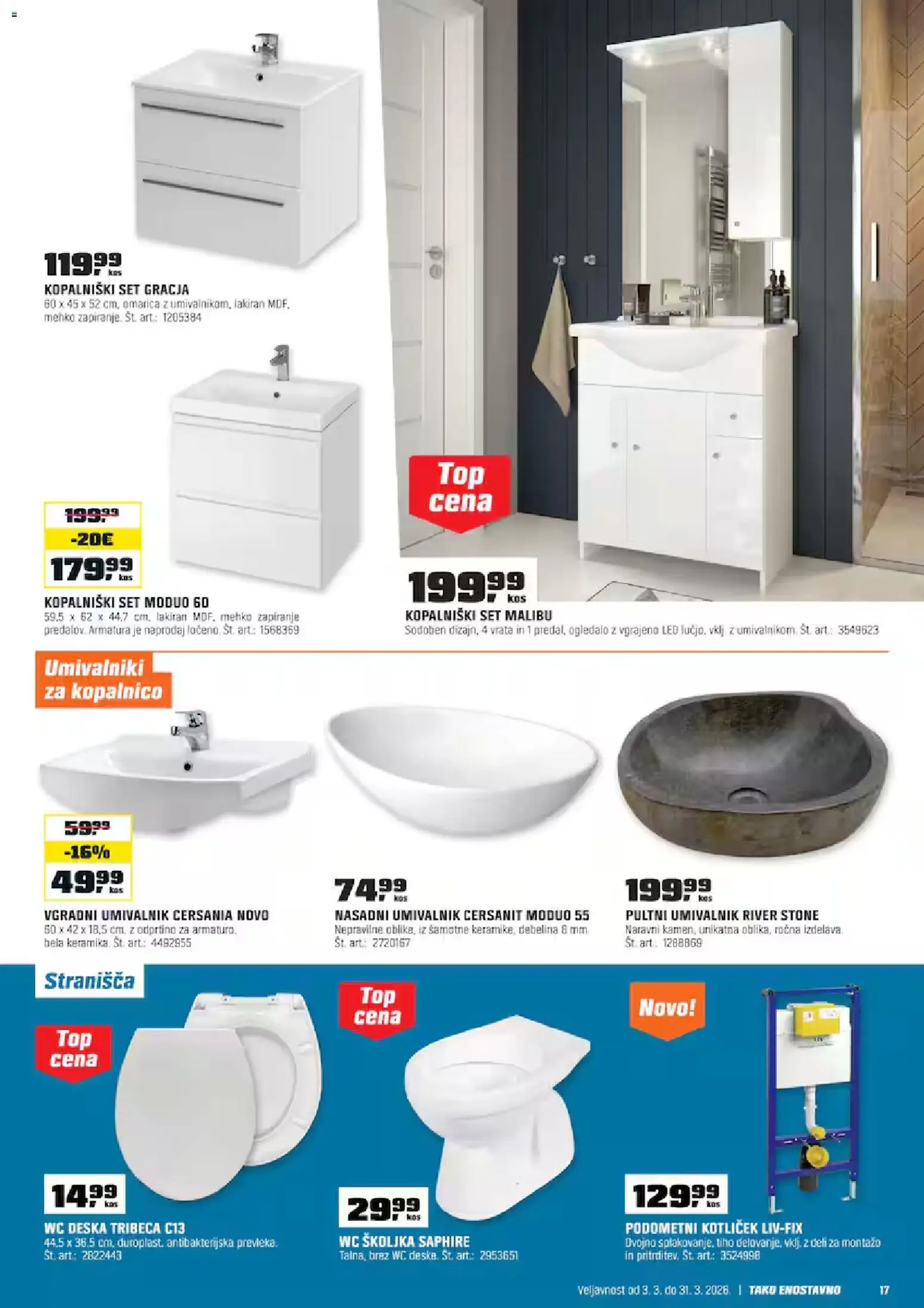 Novi OBI katalog ponudbe – veljaven od 03.03.2026 | Stran: 17 | Izdelki: Kos, Ogledalo, WC školjka, Umivalnik