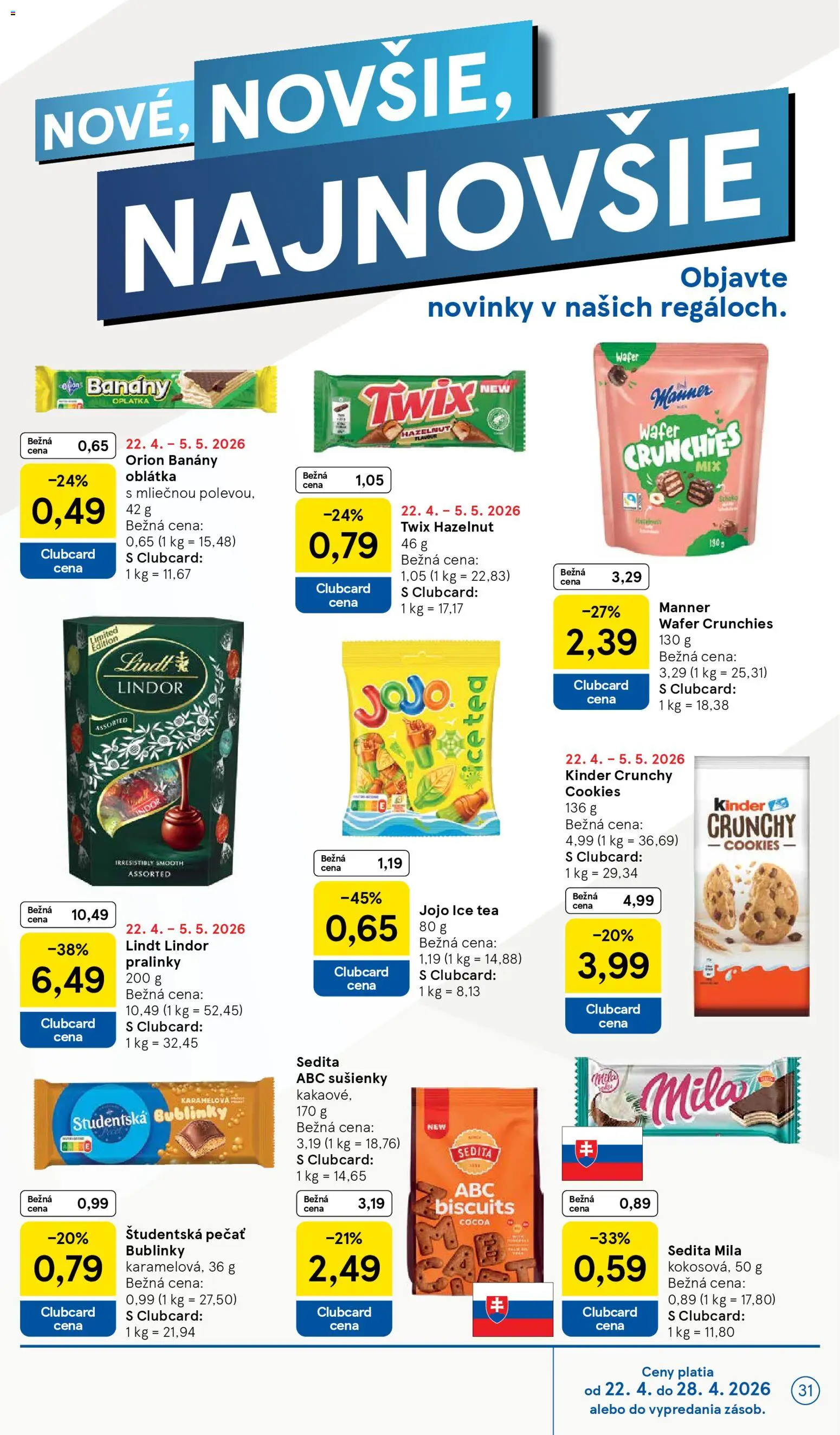 Nové Tesco akcie – leták je platný od 22.04.2026 | Strana: 31 | Produkty: Lindor, Lindt, Kinder, Mila