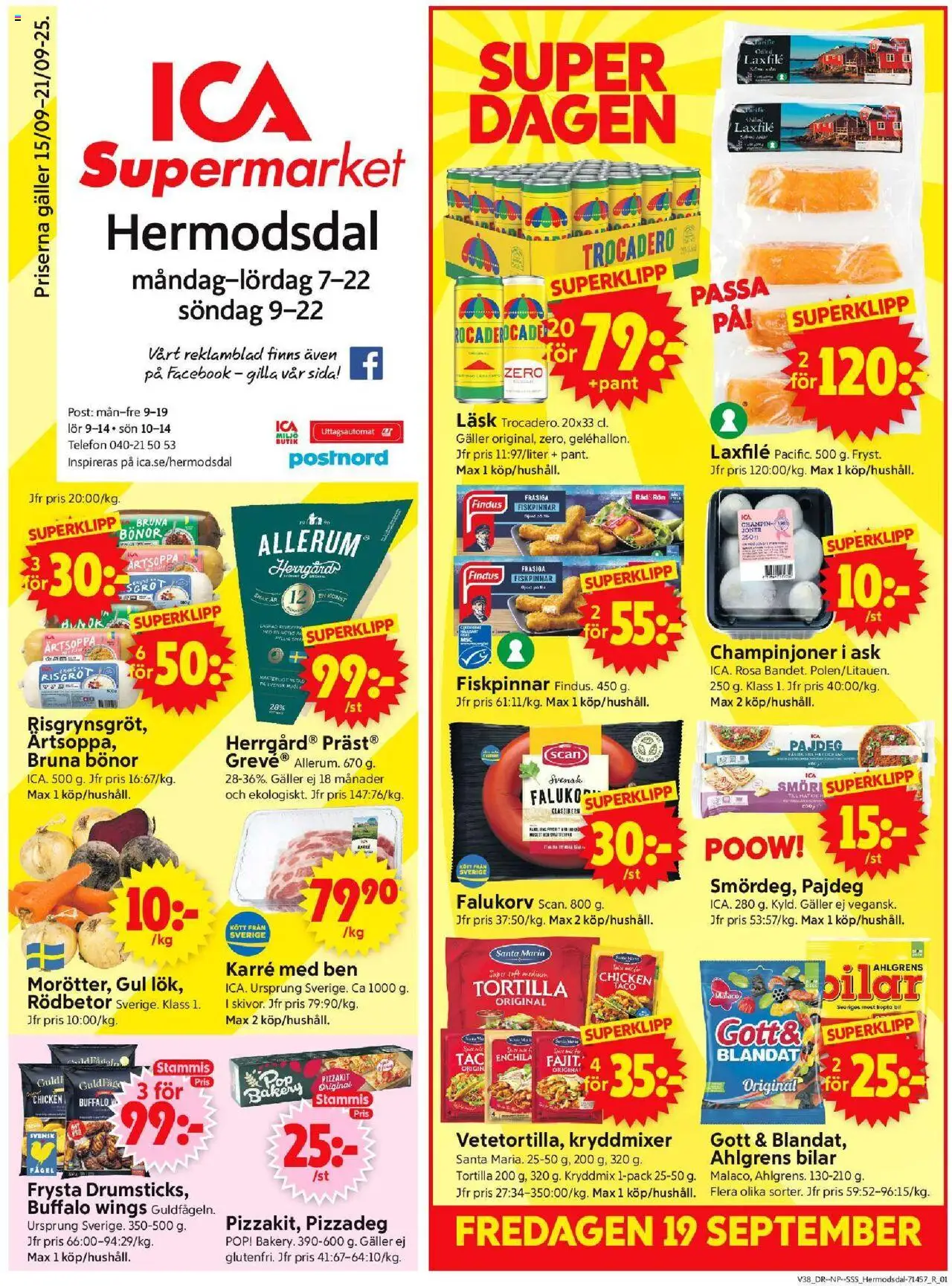 ICA Supermarket reklamblad aktuell från 15.09.2025 | Sida: 1 | Produkter: Tortilla, Champinjoner, Telefon, Bönor