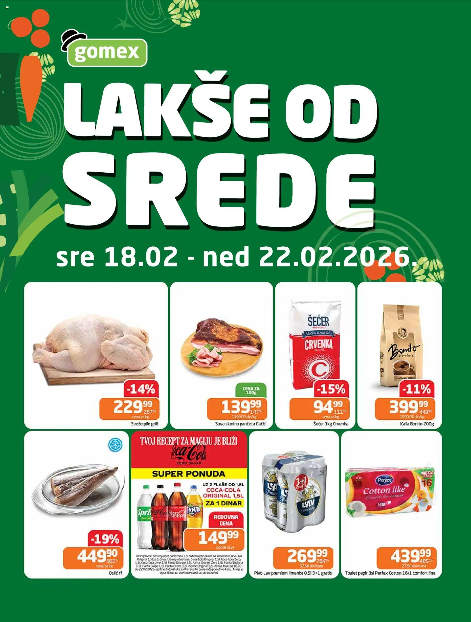 Gomex katalog - važi od 18.02.2026 | Strana: 1 | Proizvode: Suva slanina, Toalet papir, Pile, Pivo