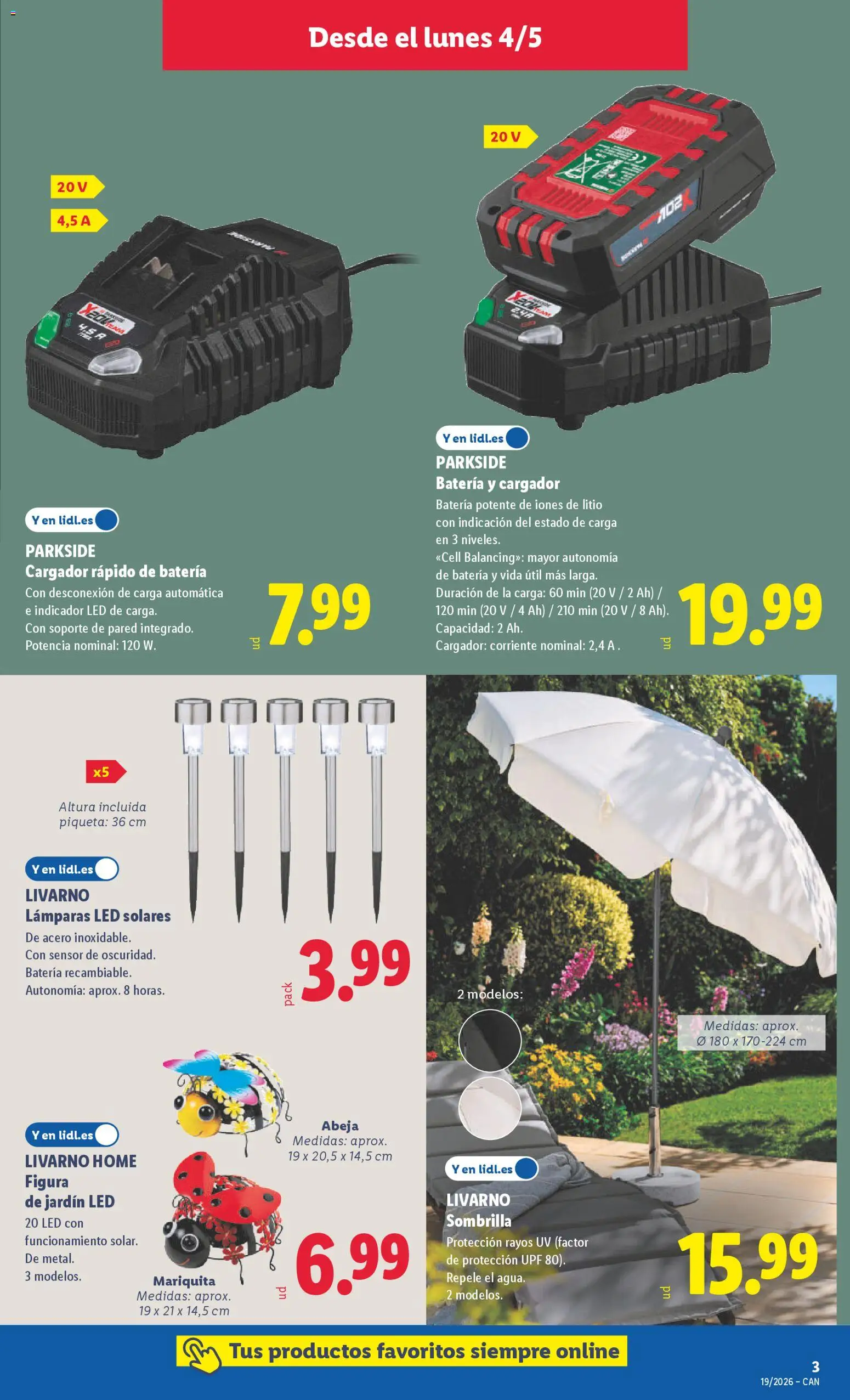 Lidl folleto de bazar │ válido desde el 04.05.2026 | Página: 7 | Productos: Sombrilla, Απορρυπαντικό ρούχων σε σκόνη, Batería
