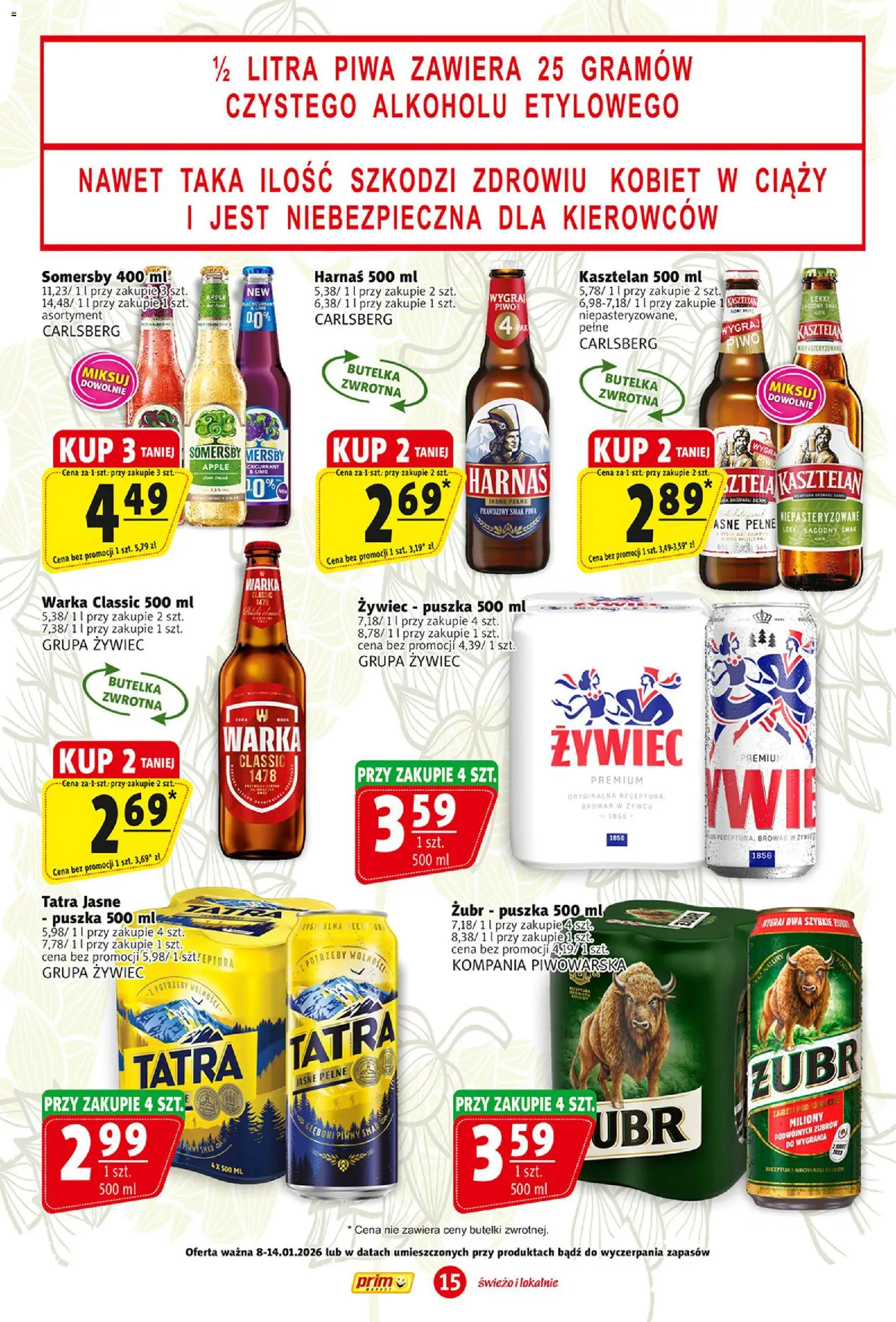 Prim Market Gazetka od 08.01.2026 | Strona: 15 | Produkty: Warka, Harnaś, Piwo, Somersby