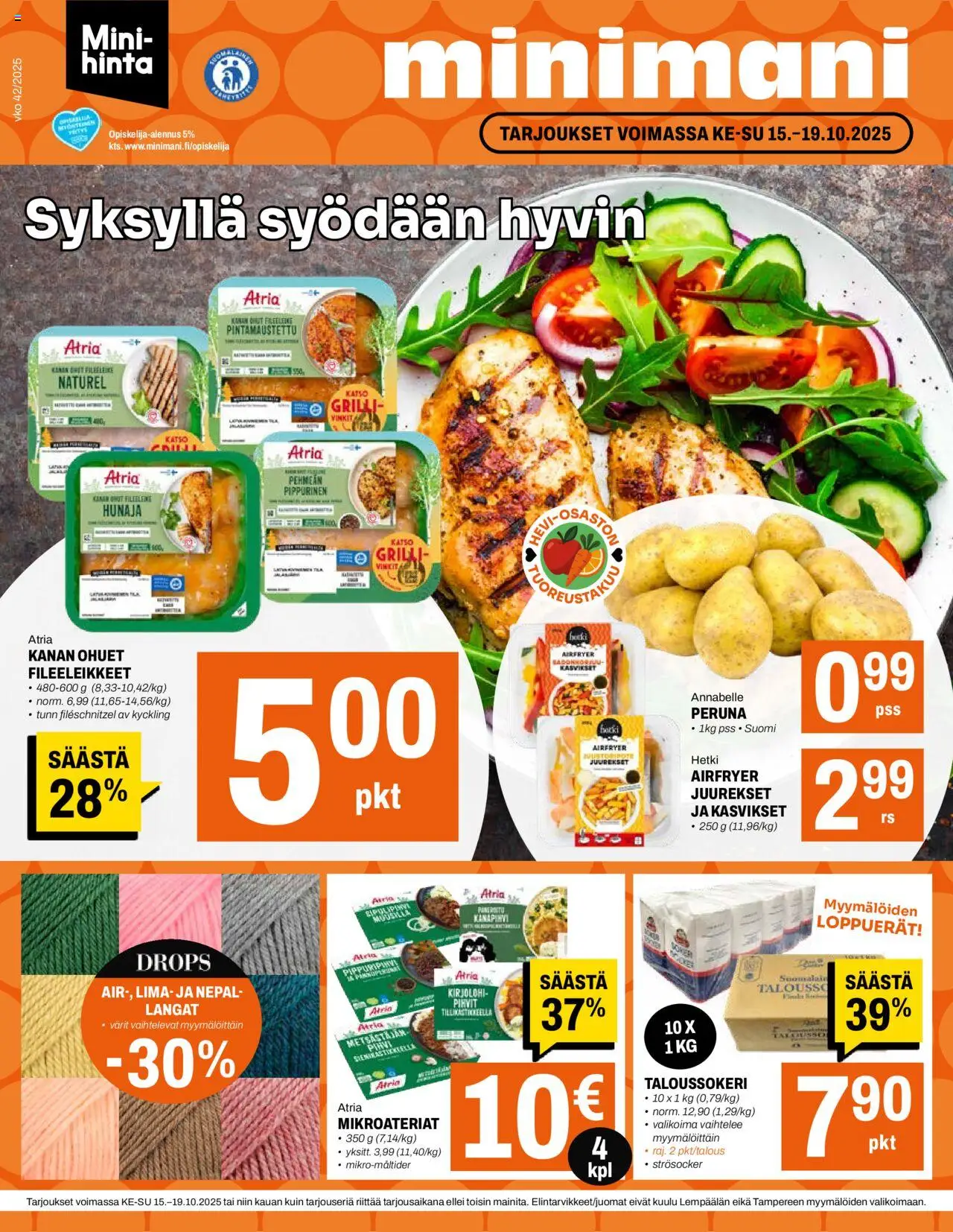 Minimani tarjoukset – voimassa 15.10.2025 alkaen | Sivu: 1 | Tuotteet: Kirjolohi, Taloussokeri, Peruna, Hunaja