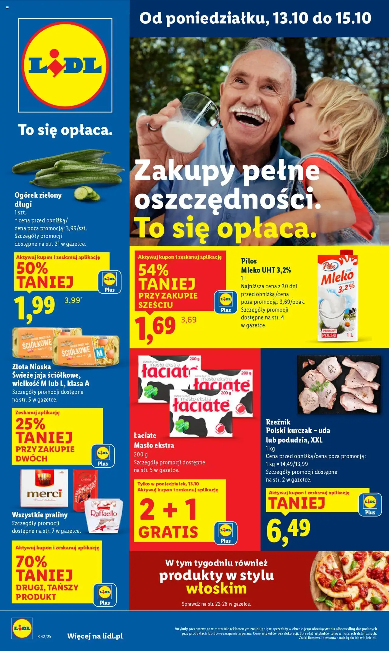 Lidl Gazetka od 13.10.2025 | Strona: 1 | Produkty: Praliny, Mleko, Masło, Jaja