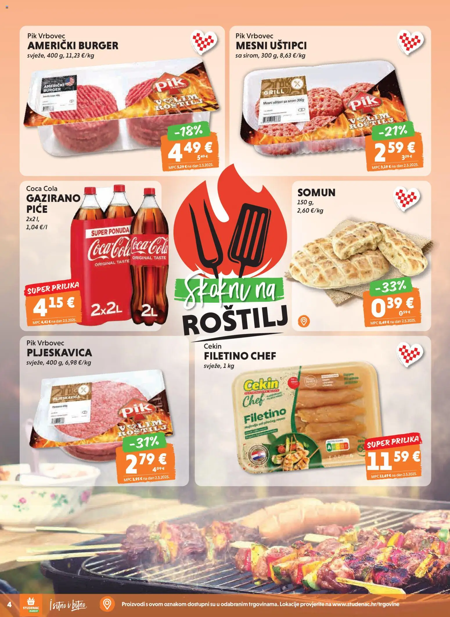 Studenac katalog | vrijedi od 29.04.2026 | Stranica: 4 | Proizvodi: Roštilj, Coca cola, Somun, Pik Vrbovec