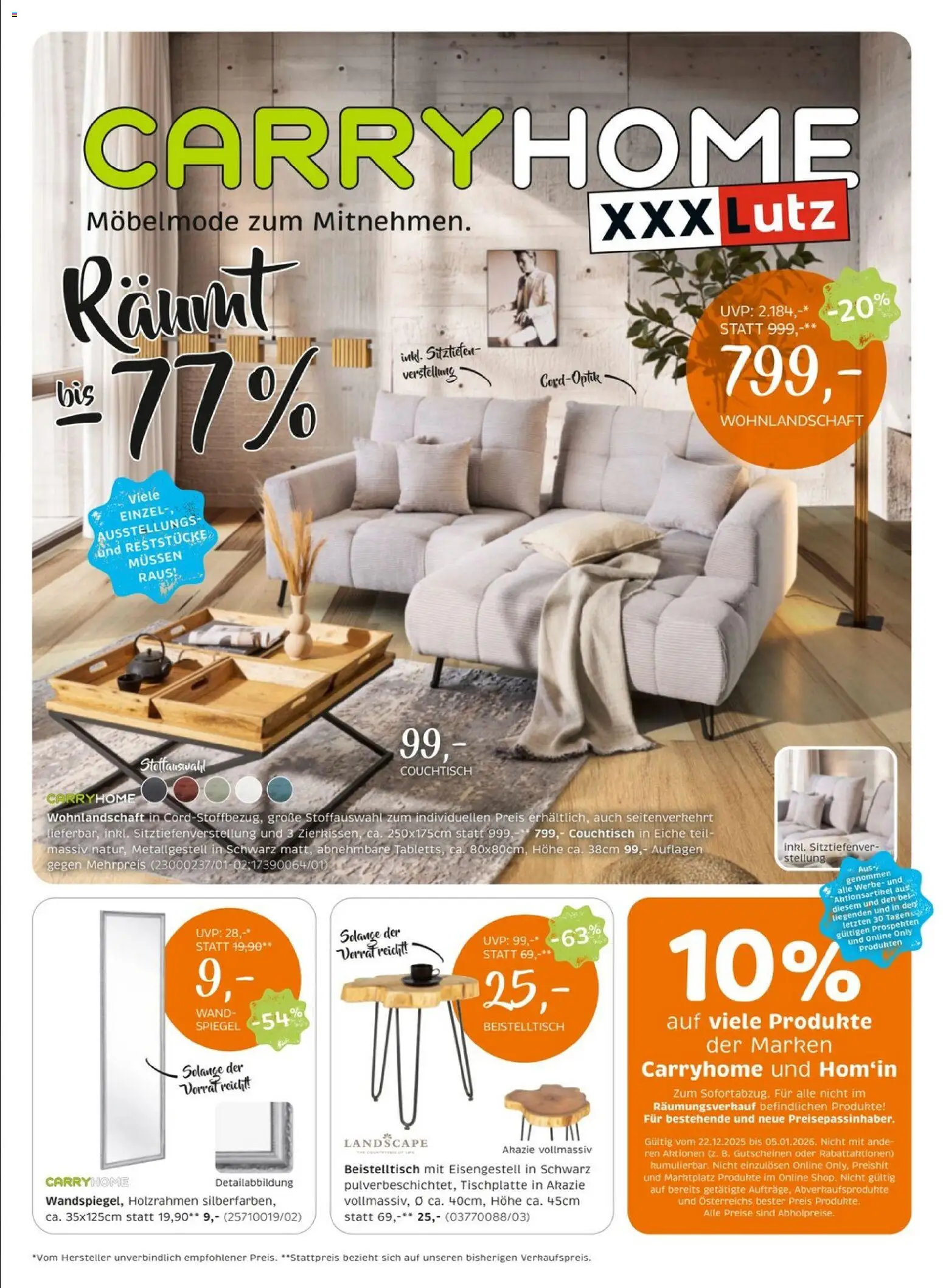 XXXLutz Carry Home Räumt bis -77% gültig ab 22.12.2025 | Seite: 1 | Produkte: Couchtisch, Spiegel