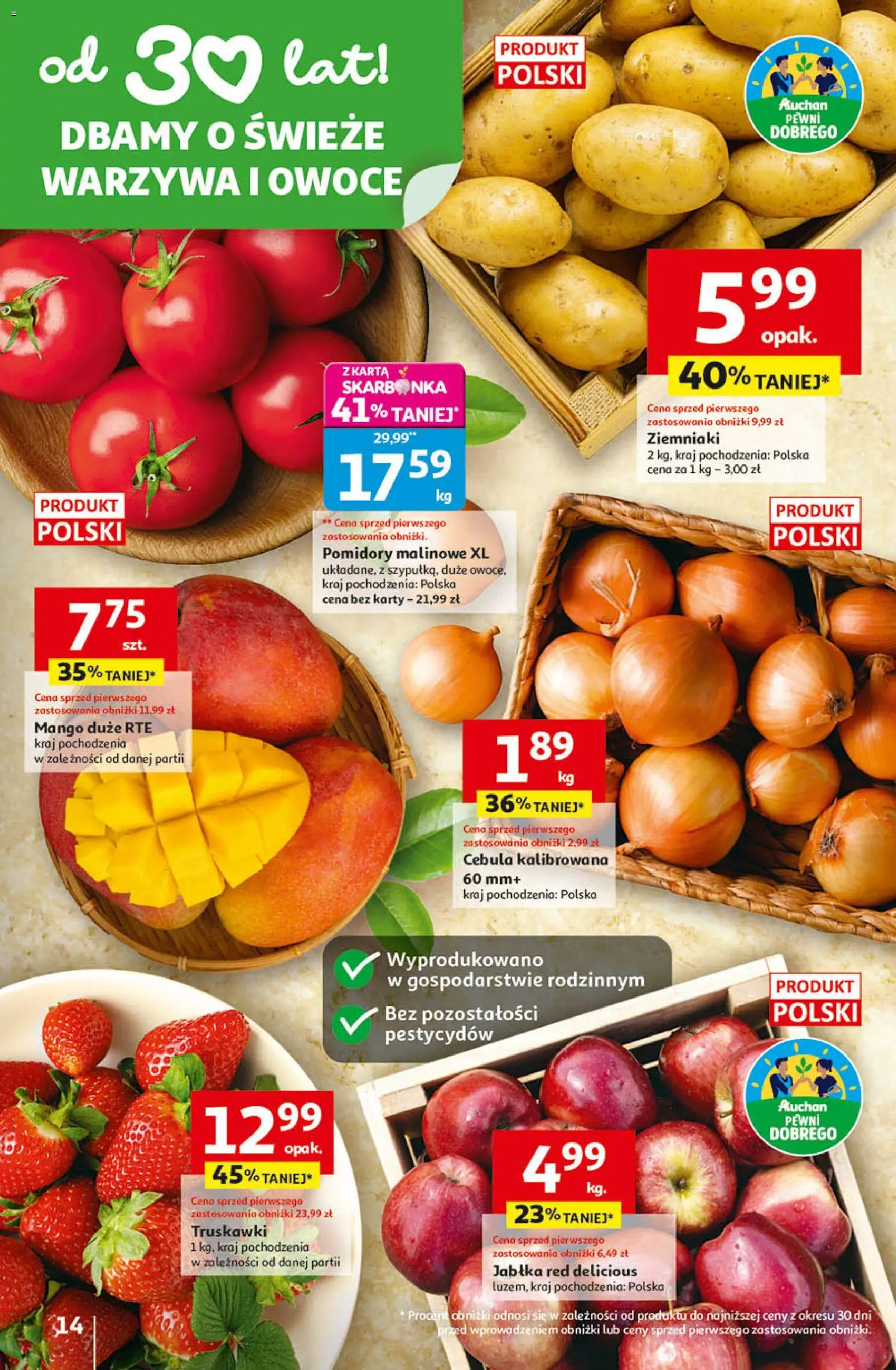 Auchan - Gazetka 30 Lat Hipermarket  od 09.04.2026 | Strona: 14 | Produkty: Mango, Pomidory malinowe, Warzywa, Owoce