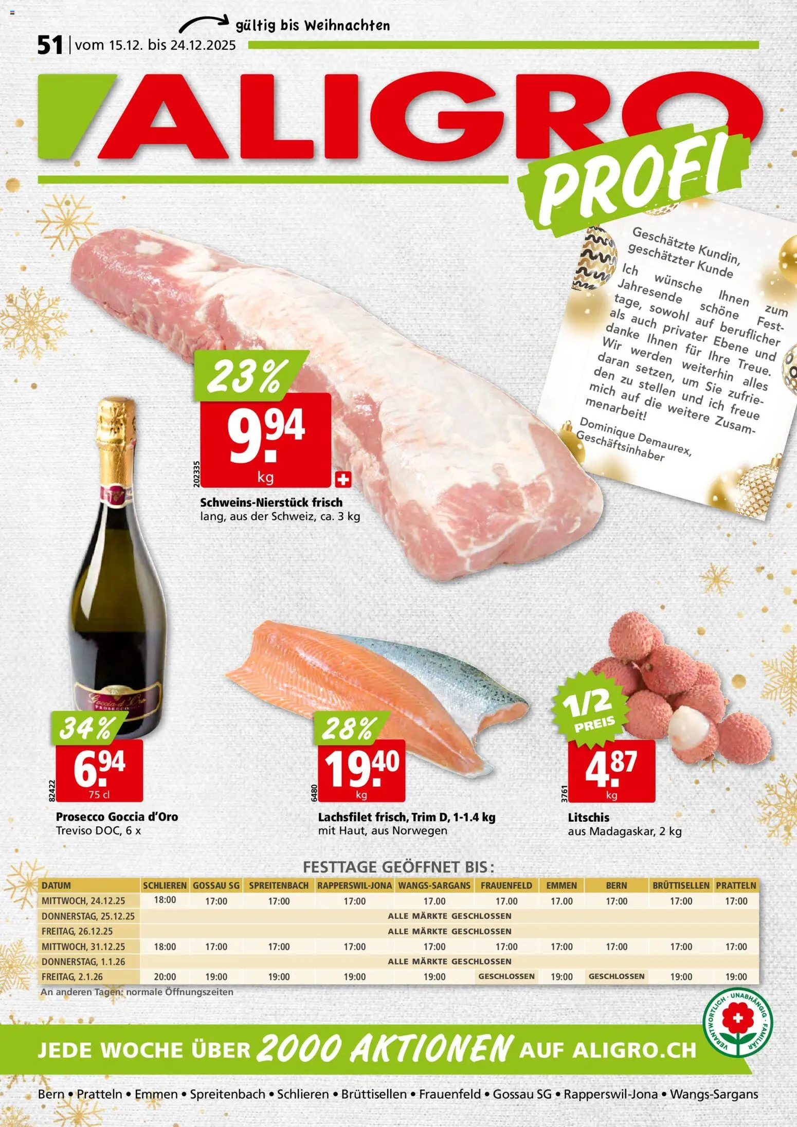 Aligro Aktionen Schlieren, Gossau SG, Frauenfeld, Rapperswil-Jona, Sargans, Bern, Brüttisellen, Pratteln, Emmen, Spreitenbach – gültig ab 15.12.2025 | Seite: 1