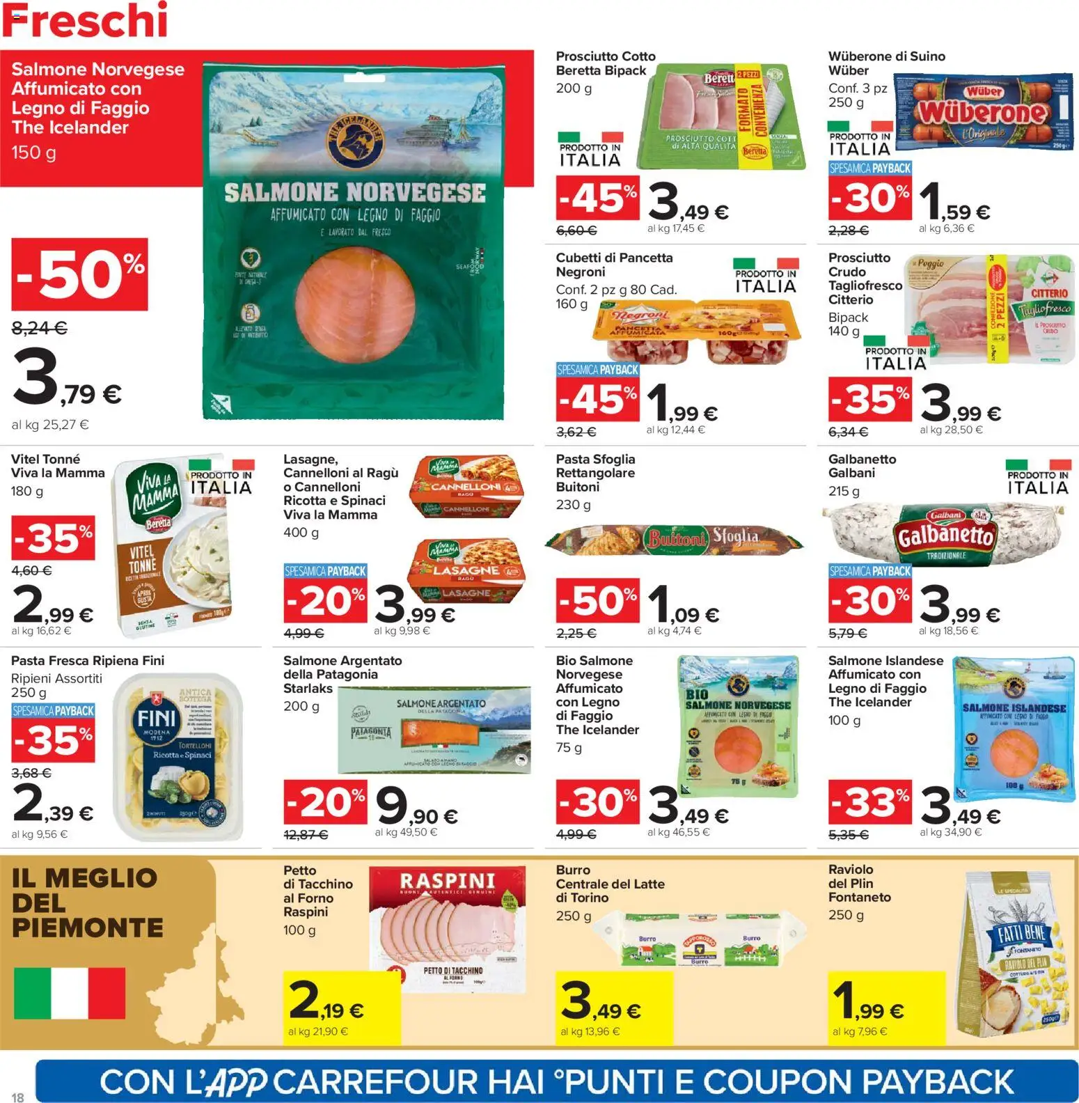 Volantino Carrefour del 24.03.2026 | Pagina: 18 | Prodotti: Salmone, Tacchino, Pasta, Ricotta