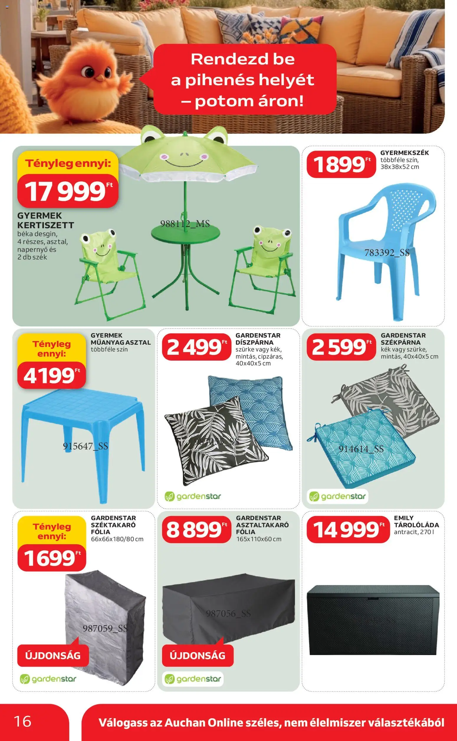 Auchan akciós ujság - amely érvényes a következő dátumtól: 05.03.2026 | Oldal: 16 | Termékek: Székpárna, Szék, Napernyő, Díszpárna
