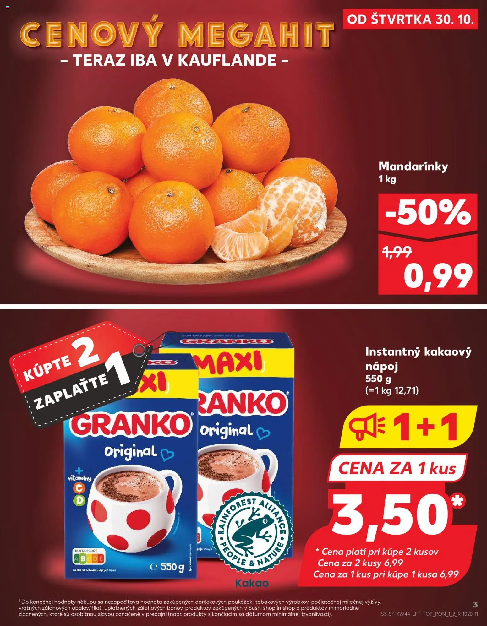 Nové Kaufland akcie – leták je platný od 30.10.2025 | Strana: 3 | Produkty: Mandarinky, Sushi, Granko, Kakao