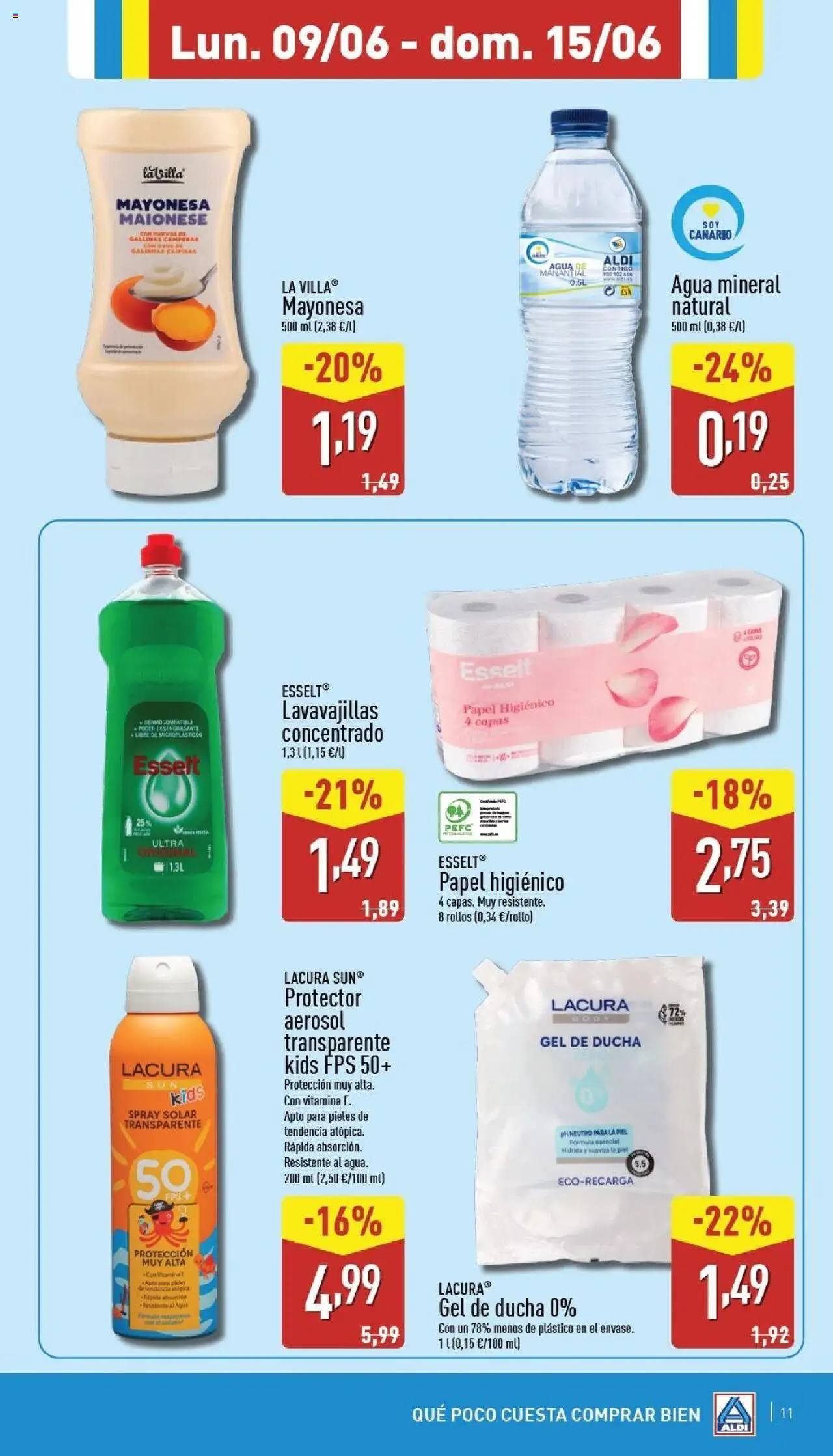 Aldi folleto Canarias │ válido desde el 09.06.2025 | Página: 11 | Productos: Papel higienico, Body, Agua mineral, Ducha