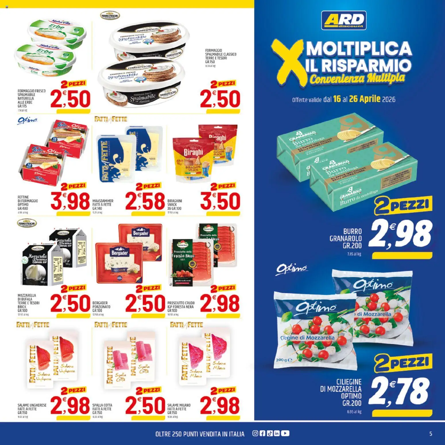 Volantino ARD Discount del 16.04.2026 | Pagina: 5 | Prodotti: Salmone, Centrifuga, Mozzarella, Formaggio