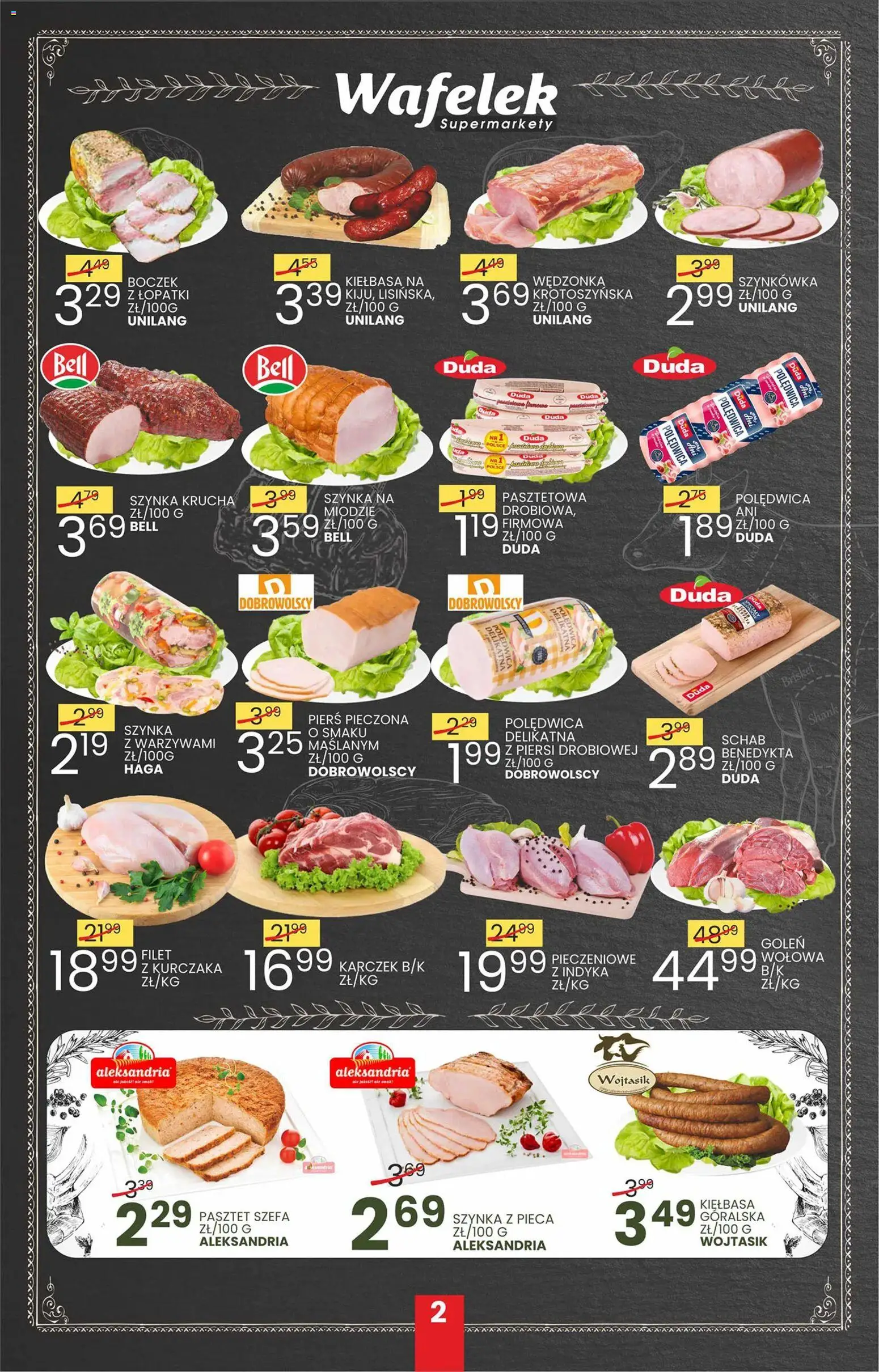 Wafelek Gazetka od 12.01.2026 | Strona: 2 | Produkty: Kiełbasa, Schab, Piersi, Szynka