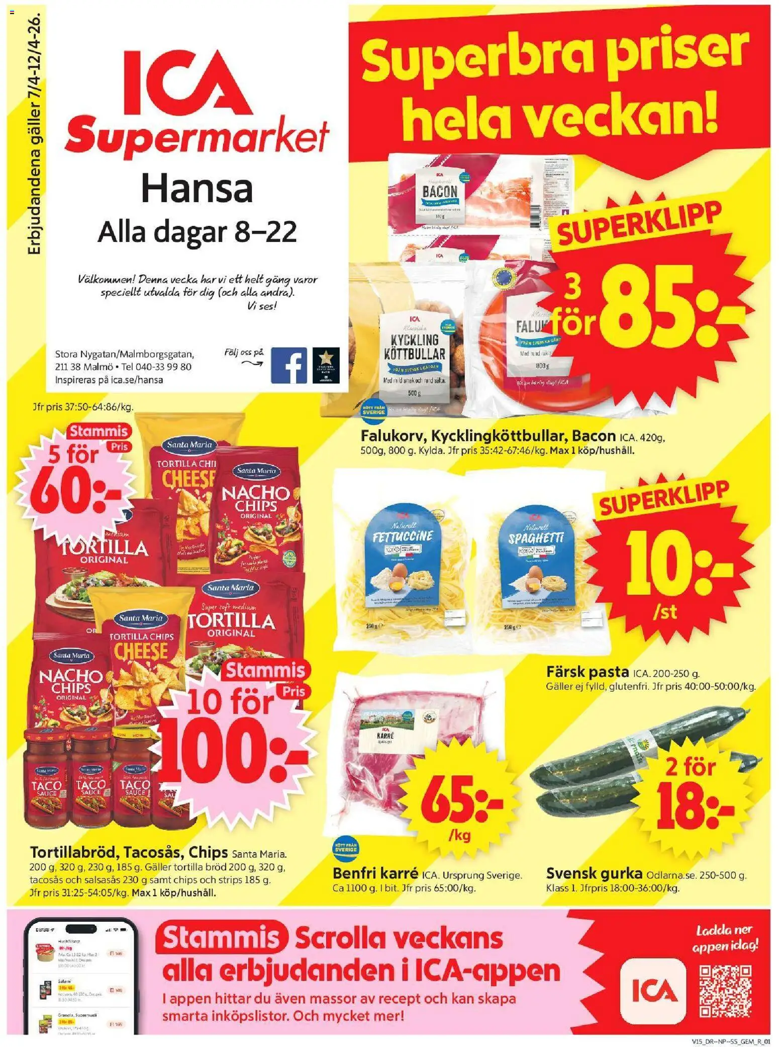 ICA Supermarket reklamblad aktuell från 06.04.2026 | Sida: 1 | Produkter: Gem, Tacosås, Galler, Spaghetti