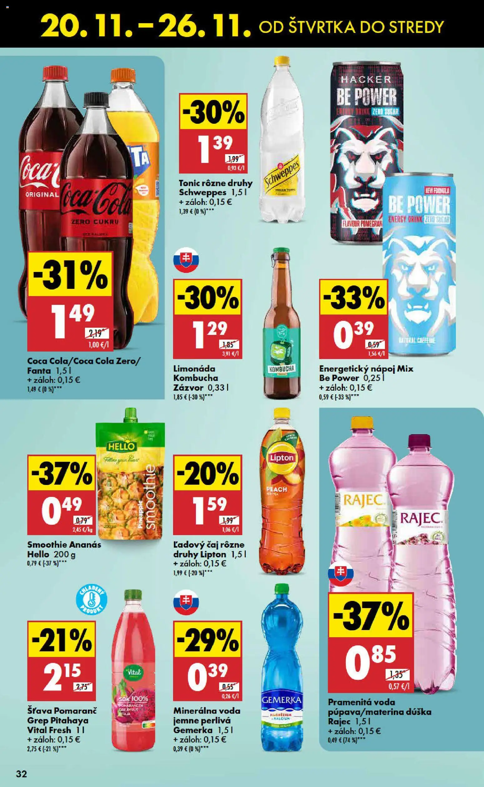 Nové Biedronka akcie – leták je platný od 20.11.2025 | Strana: 32 | Produkty: Rajec, Voda, Minerálna voda, Cola