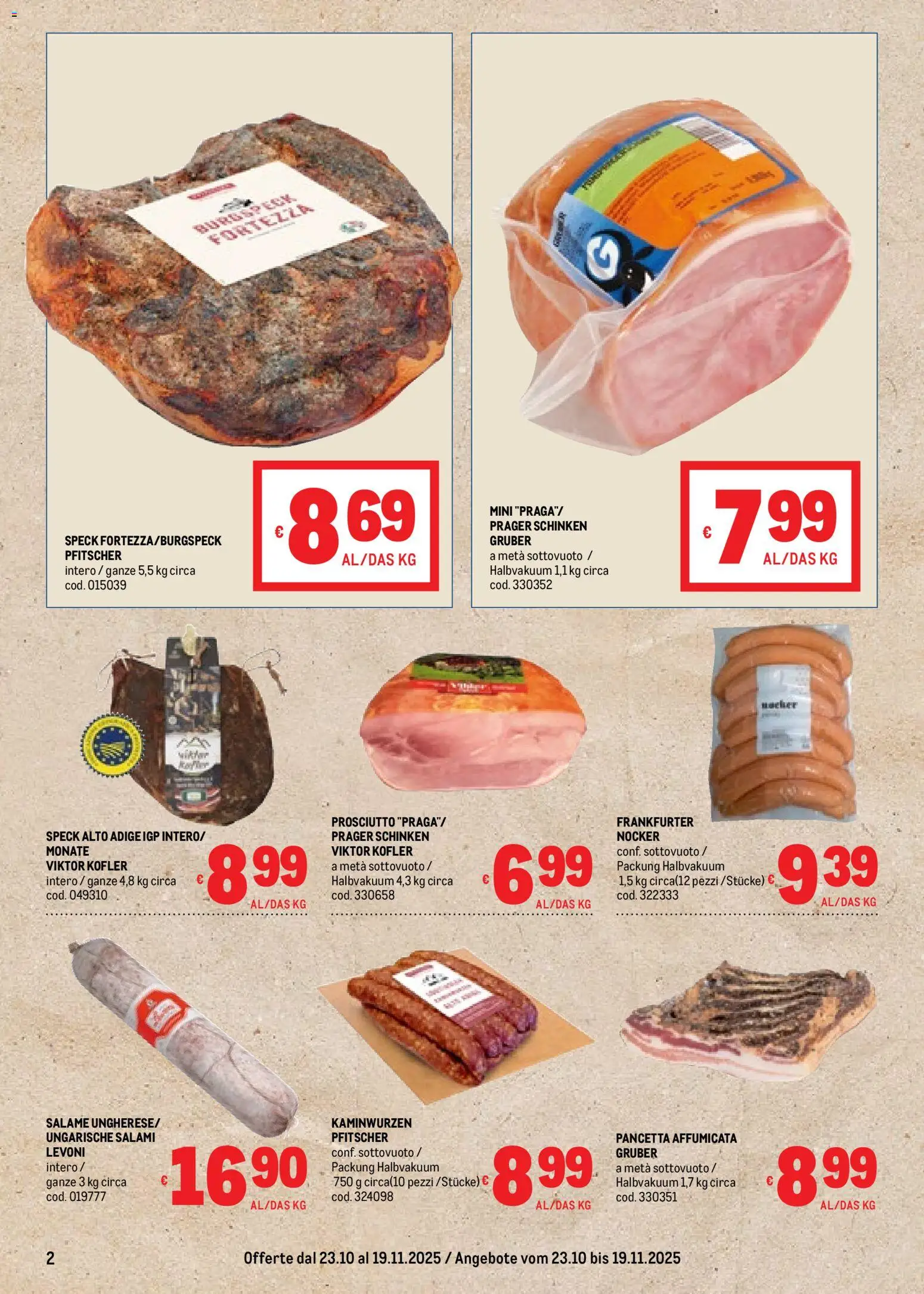 Volantino Metro del 23.10.2025 | Pagina: 2 | Prodotti: Speck, Salame, Pancetta, Prosciutto