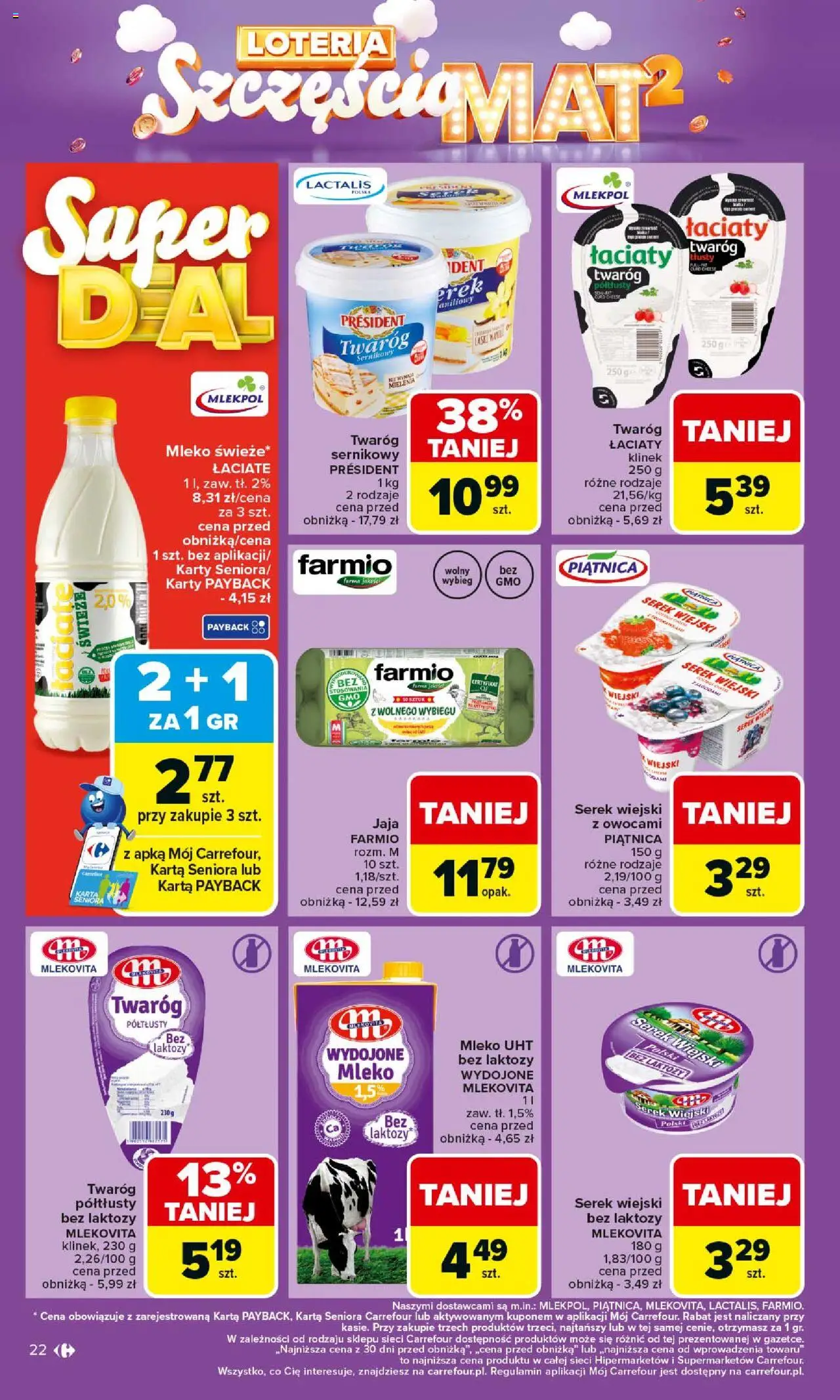 Carrefour Gazetka od 06.10.2025 | Strona: 22 | Produkty: Mleko bez laktozy, Twaróg półtłusty, Serek wiejski, Jaja