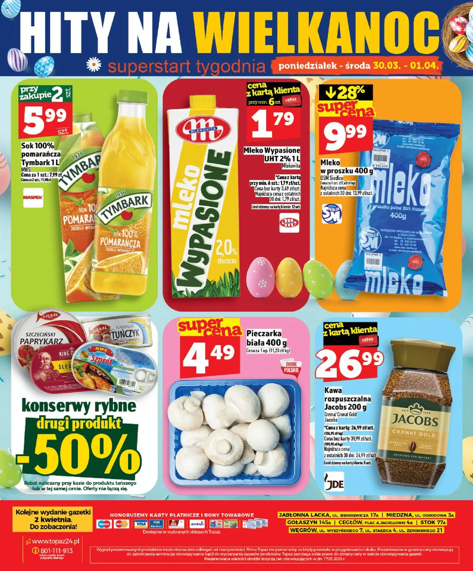 Topaz gazetka - Ceny małe na stałe od 26.03.2026 | Strona: 32 | Produkty: Karta, Mleko wypasione, Paprykarz, Sok