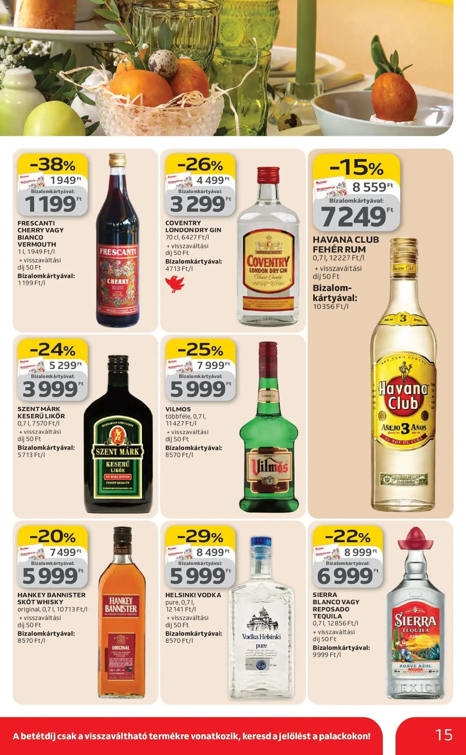 Auchan akciós ujság - amely érvényes a következő dátumtól: 26.02.2026 | Oldal: 15 | Termékek: Fehér rum, Tequila, Gin, Vodka
