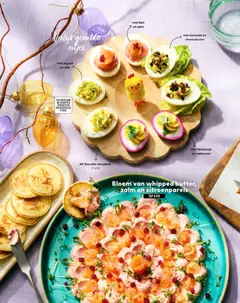 Bloem van whipped butter, zalm en citroenparels, Flower made of whipped butter, salmon and lemon pearls. - Voorbeeld van een folder van Albert Heijn, geldig van 20.03.2026 | Pagina: 70 | Producten: Avocado, Zalm, Plank