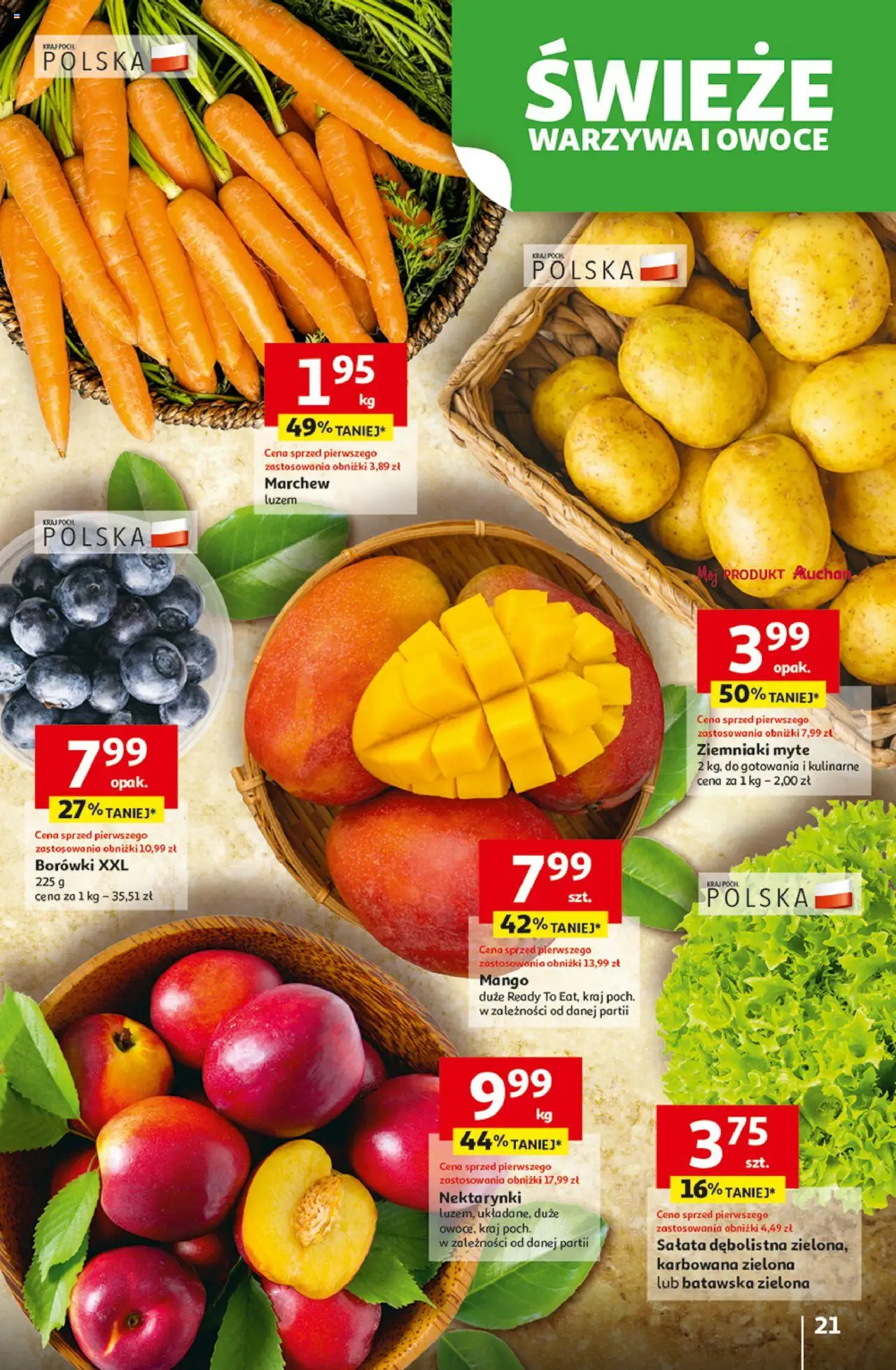 Auchan Gazetka - Pewność niskich cen Hipermarket od 07.08.2025 | Strona: 21 | Produkty: Mango, Ziemniaki, Warzywa, Owoce