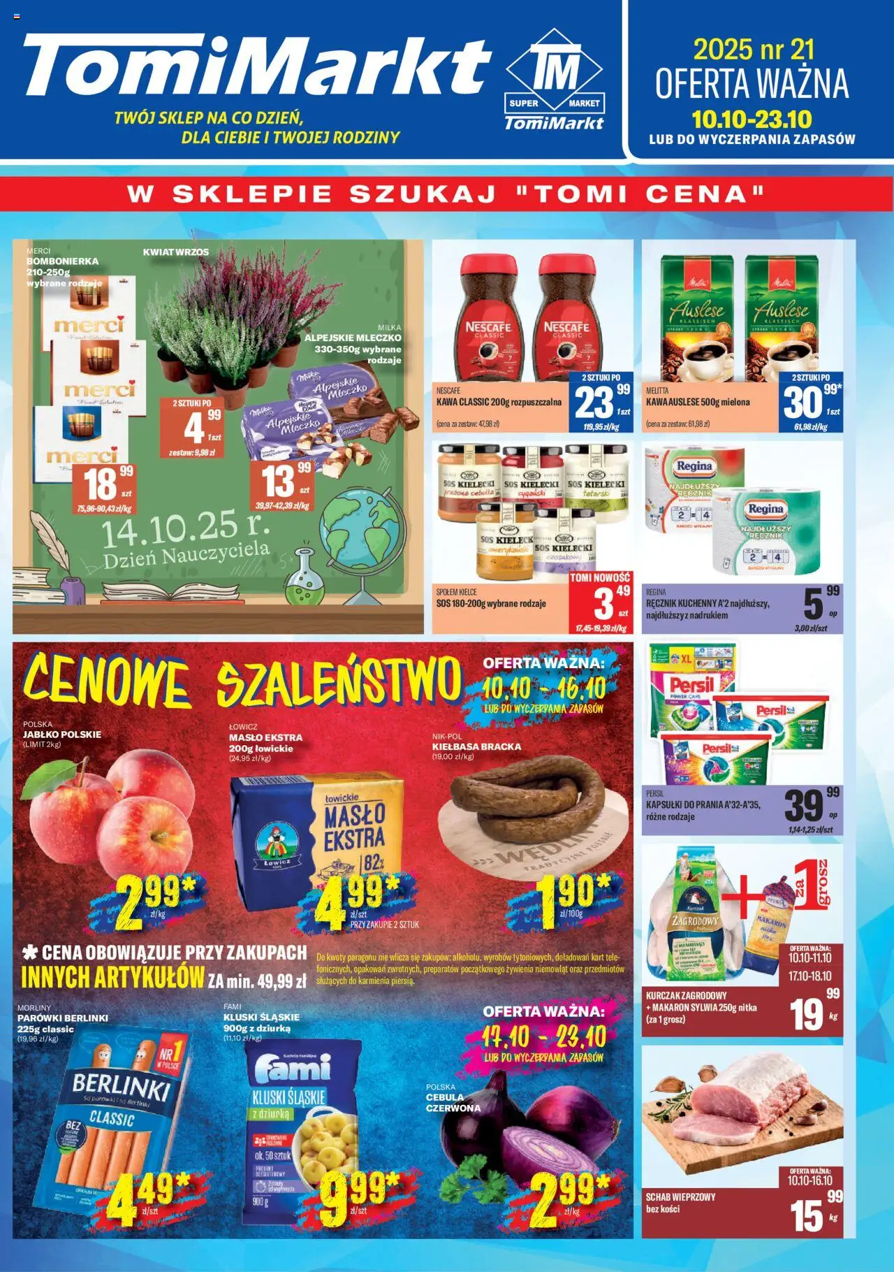 TomiMarkt Gazetka od 10.10.2025 | Strona: 1 | Produkty: Kiełbasa, Parówki berlinki, Schab, Schab wieprzowy