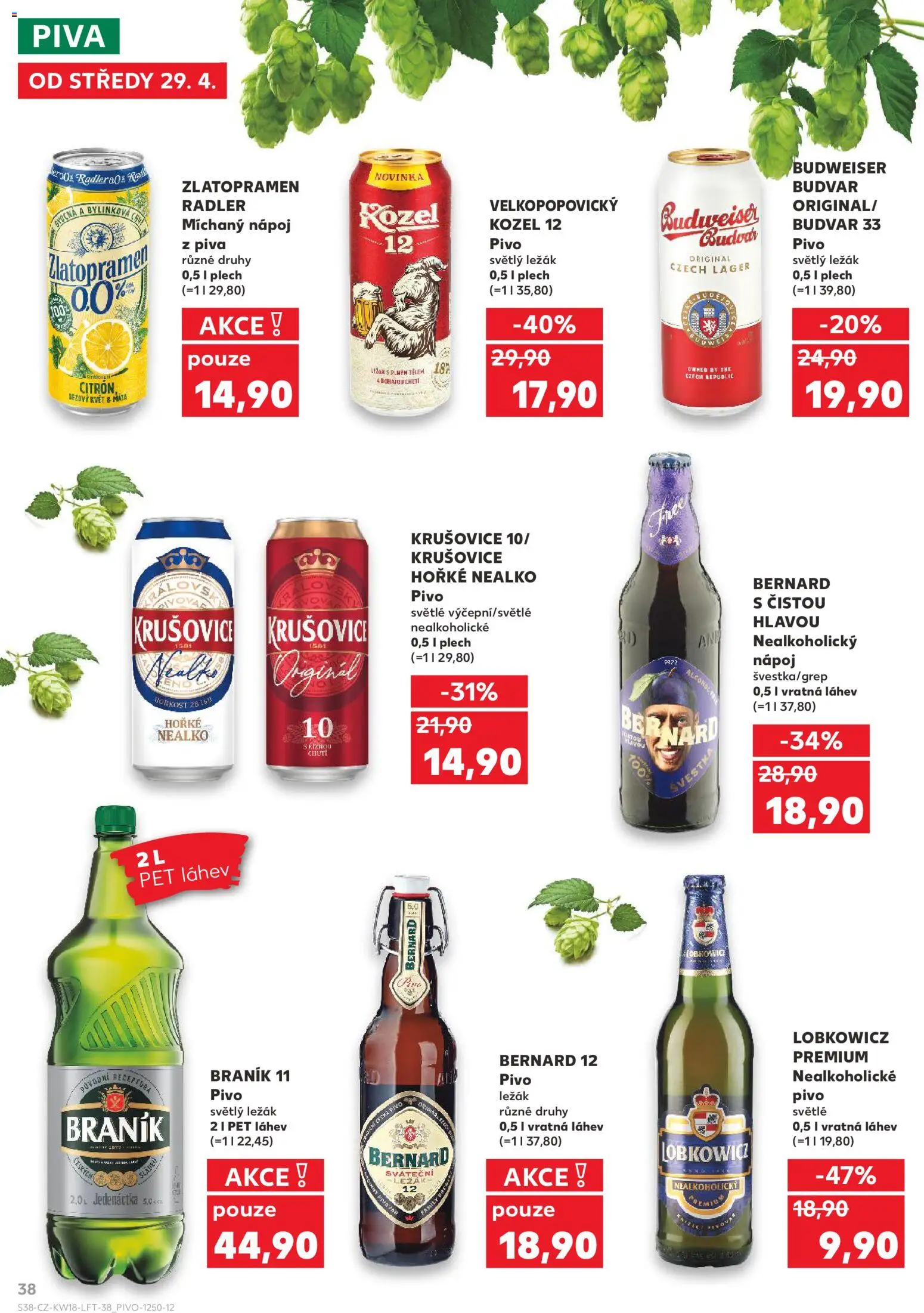Kaufland leták - Plzeň od 29.04.2026 | Strana: 38 | Produkty: Zlatopramen, Velkopopovický Kozel 12, Radler, Braník 11