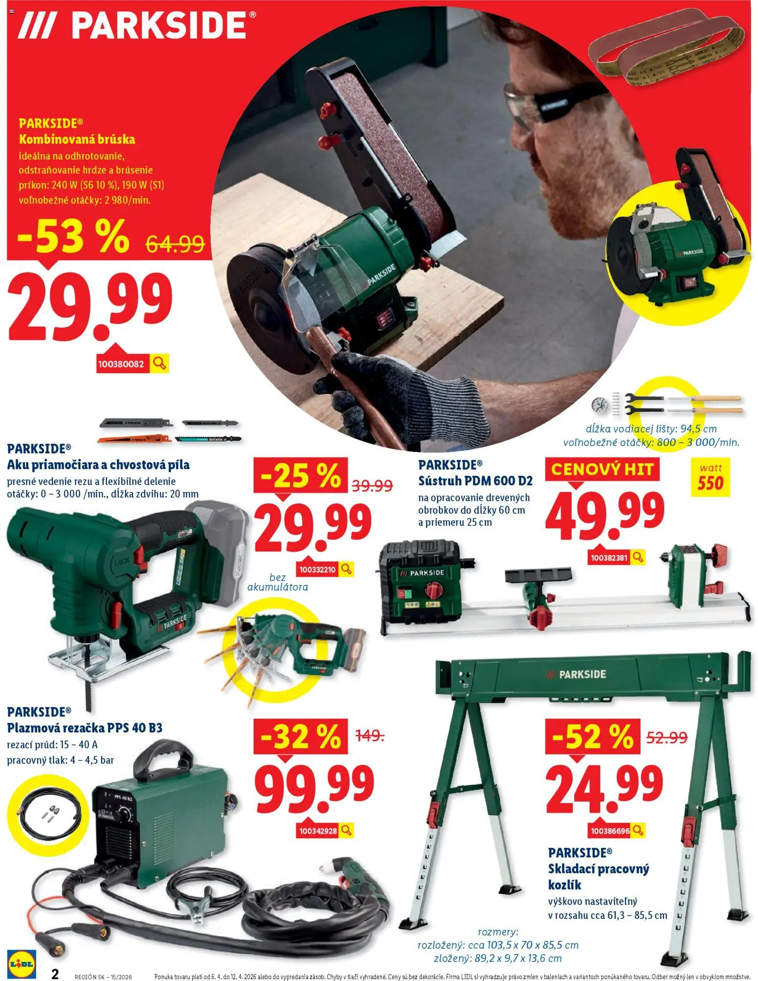 Nové Lidl akcie – leták je platný od 06.04.2026 | Strana: 2 | Produkty: Píla, Sústruh, Rezačka, Aku