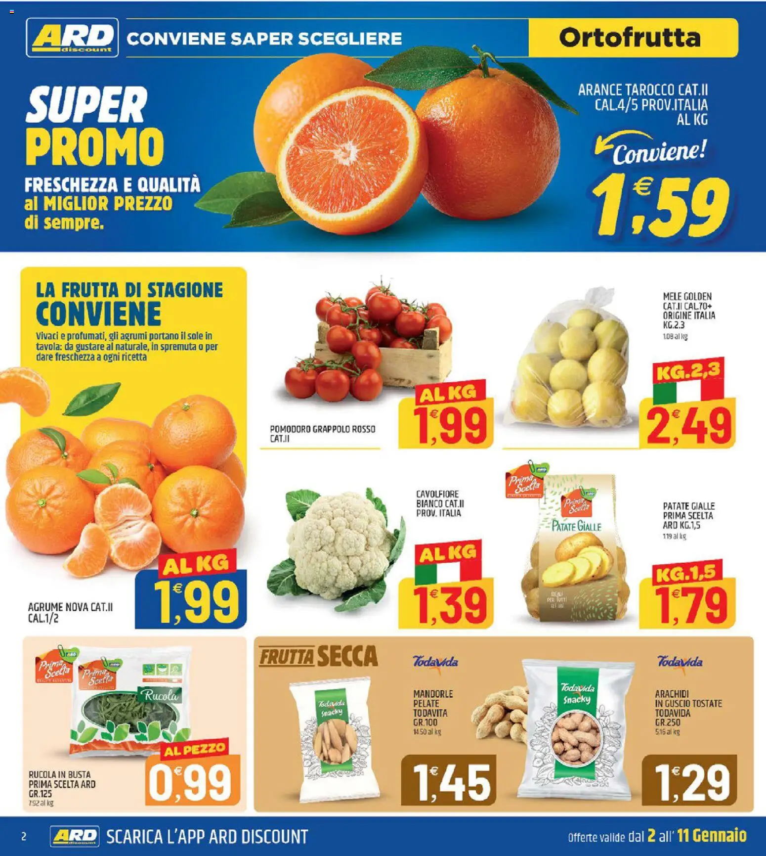 Volantino ARD Discount del 02.01.2026 | Pagina: 2 | Prodotti: Mele, Arance, Rucola, Patate