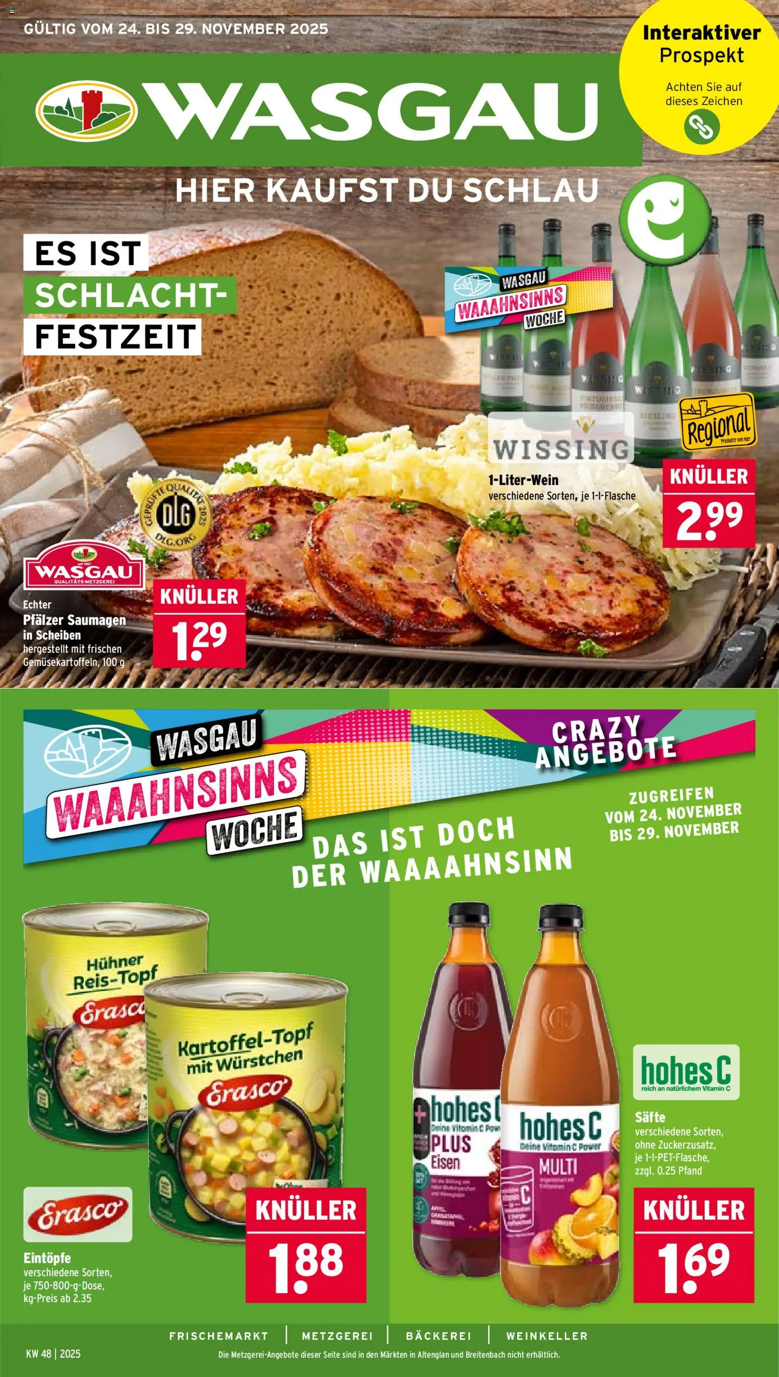 Wasgau Prospekt 	 – gültig ab 24.11.2025 | Seite: 1 | Produkte: Bäckerei, Hohes c, Erasco