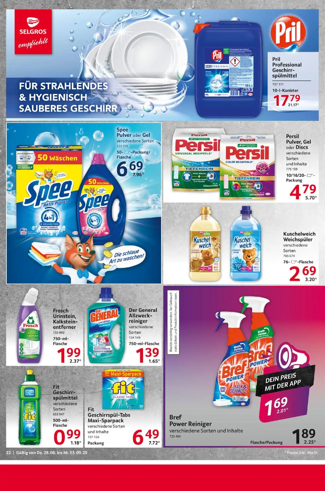 Selgros Prospekt 	 - gültig ab dem 28.08.2025 | Seite: 22 | Produkte: Kuschelweich, Spee, Weichspüler, Pril