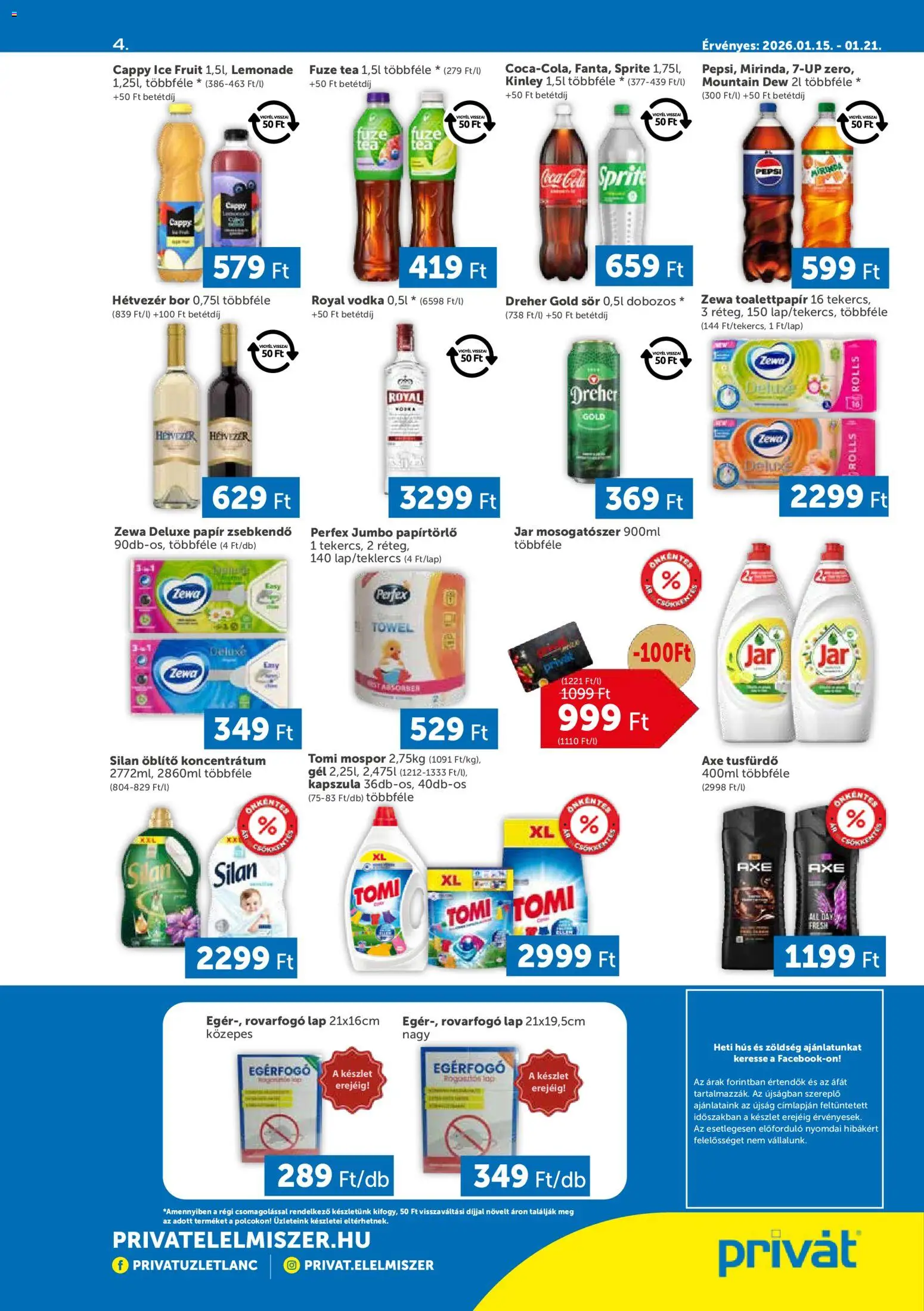 PRIVÁT akciós ujság - amely érvényes a következő dátumtól: 15.01.2026 | Oldal: 4 | Termékek: Öblítő, Cola, Bor, Tusfürdő