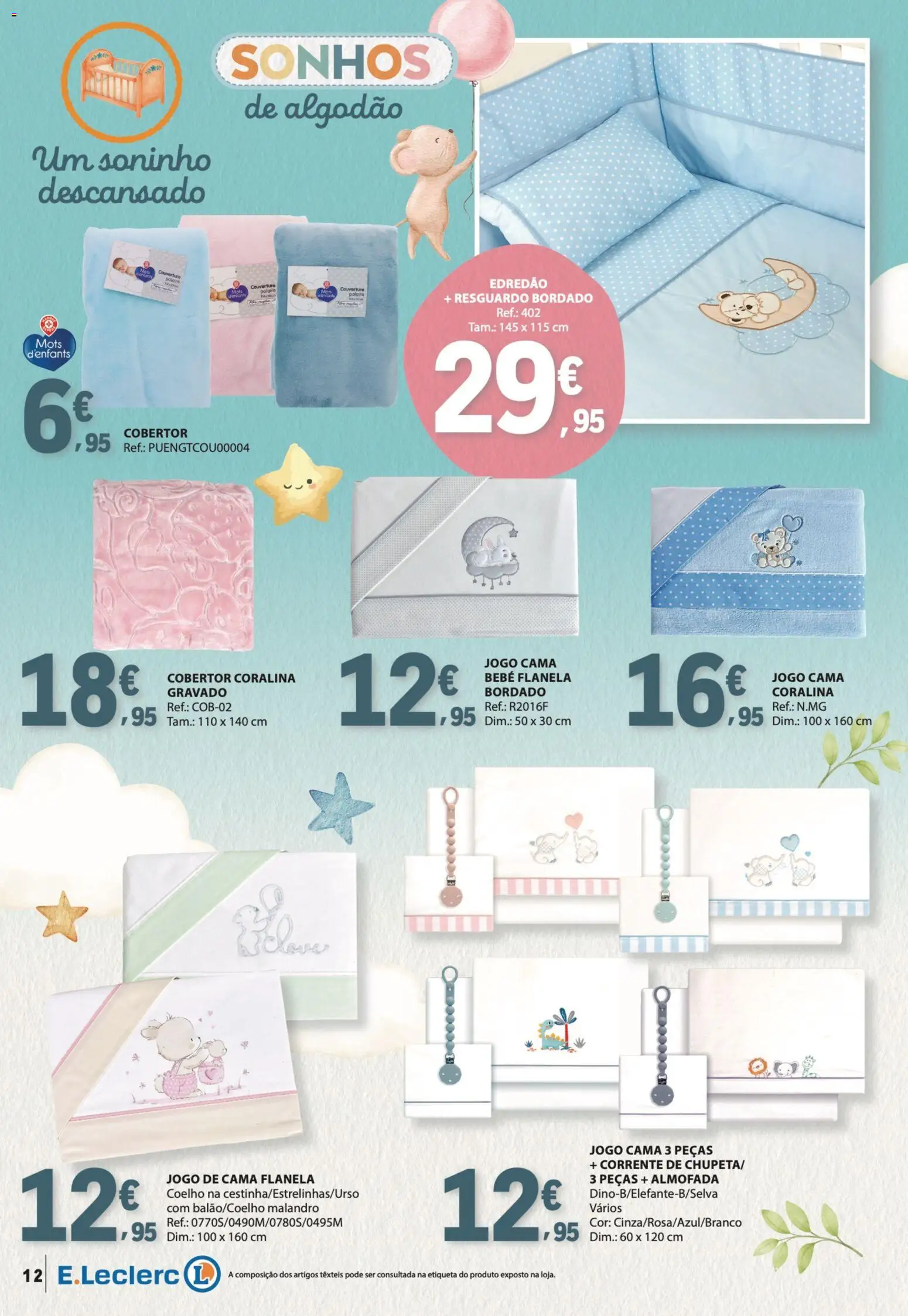 E.Leclerc Especial Bebé │ válido de 13.01.2026 | Página: 12 | Produtos: Jogo de cama, Almofada, Cobertor, Coelho