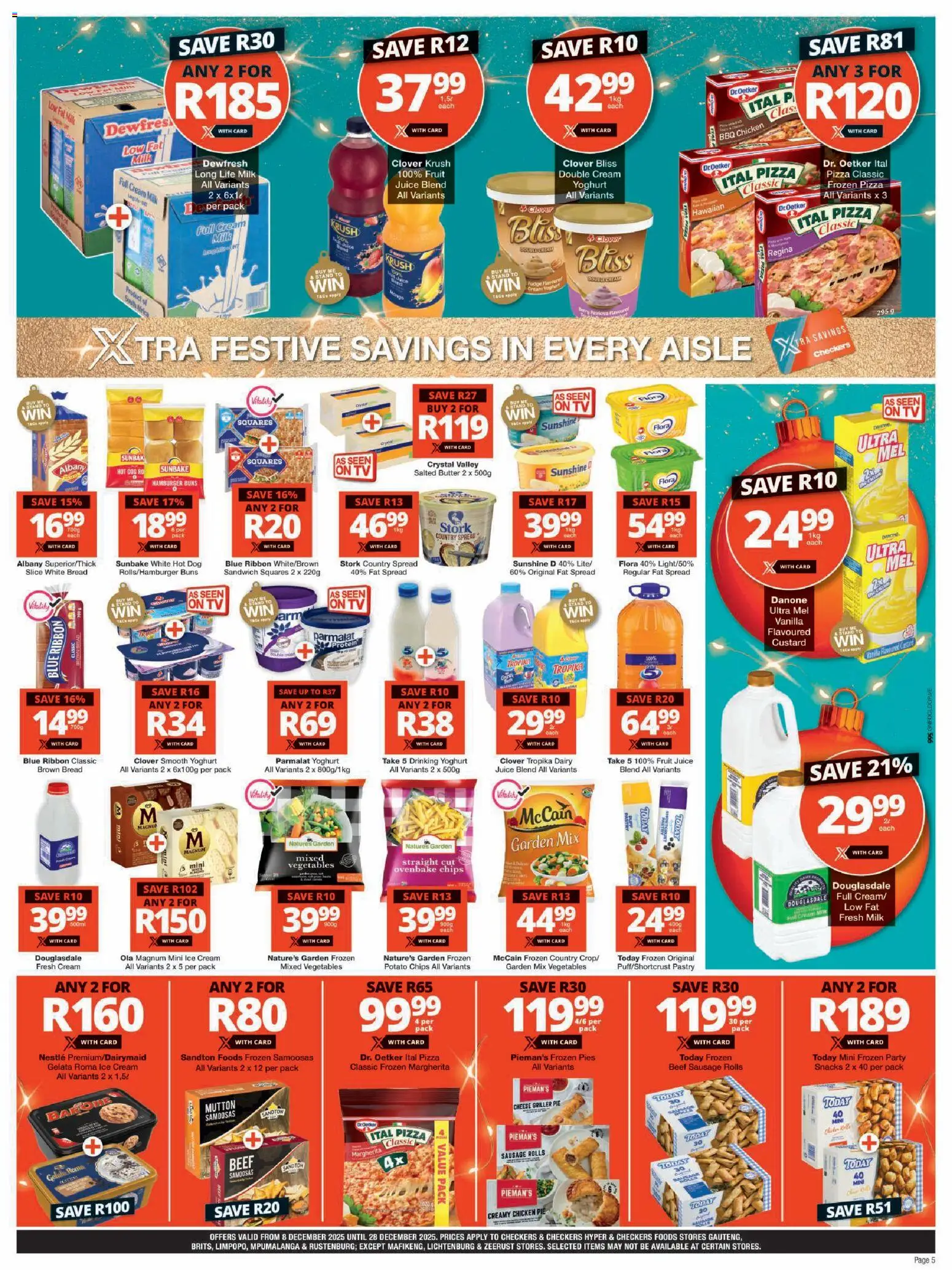 New Checkers catalogue – valid from 08.12.2025 | Page: 5 | Products: Cheese, Juice, Chicken, Snacks