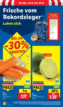 Lidl Prospekt 	 - gültig ab dem 25.08.2025 | Seite: 4 | Produkte: Limetten, Mohren, Gemüse, Obst