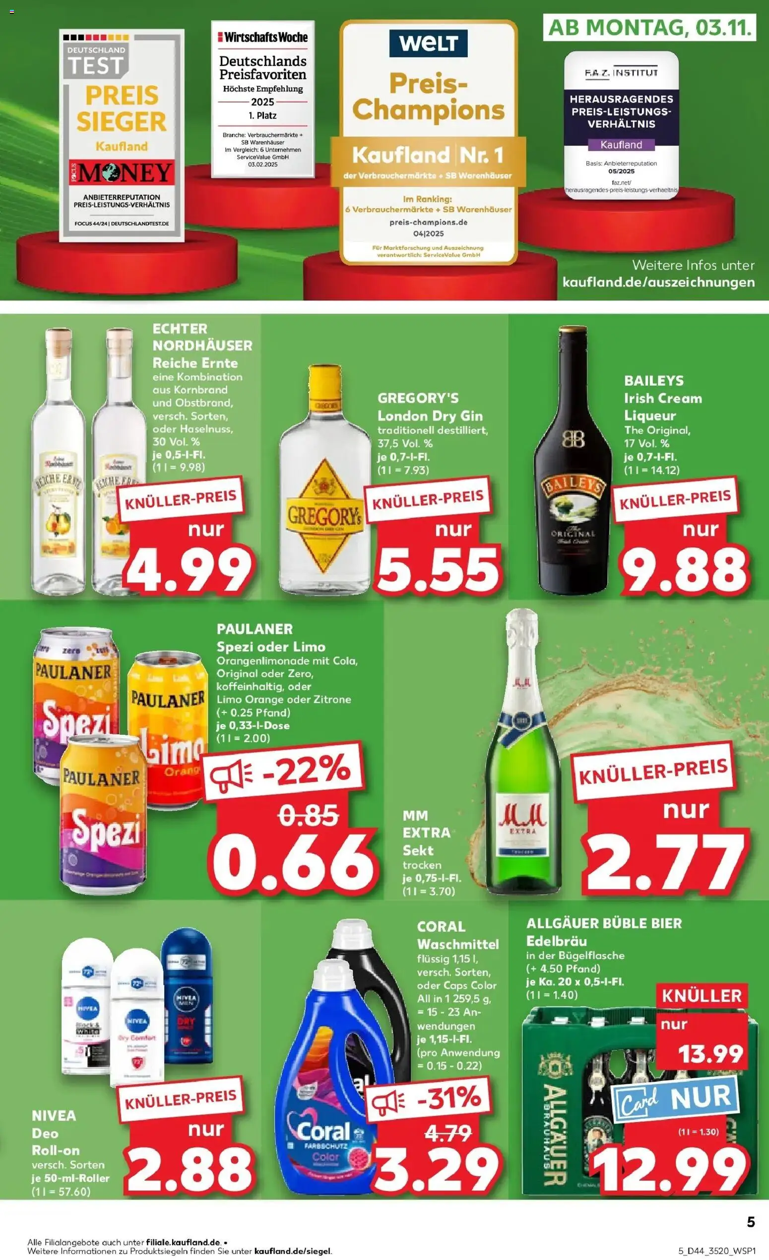 Kaufland prospekt Berlin	 – gültig ab 03.11.2025 | Seite: 5 | Produkte: Coral waschmittel, Deodorant, Deo Roll-On, Paulaner
