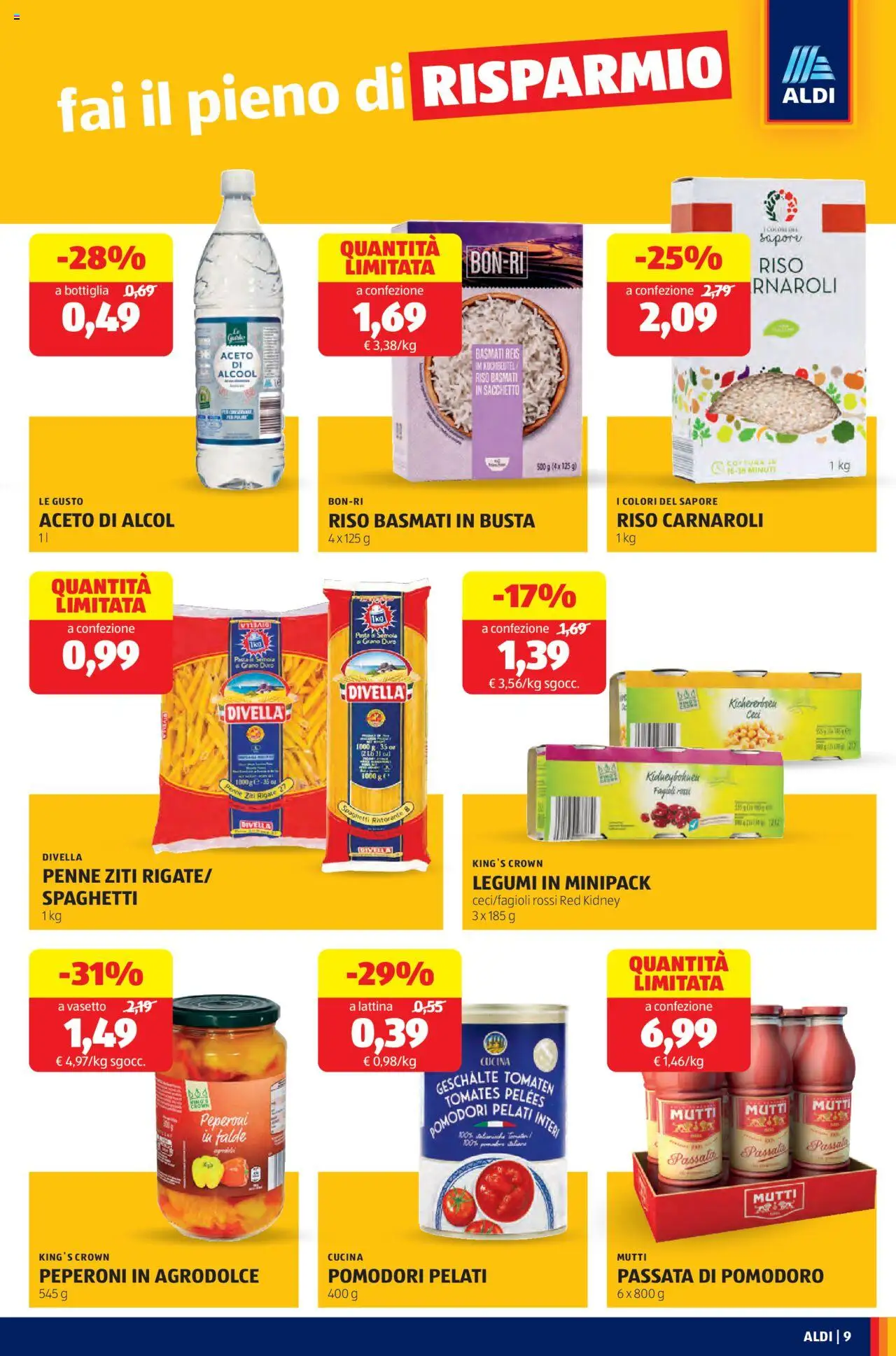 Volantino Aldi del 27.10.2025 | Pagina: 9 | Prodotti: Legumi, Riso Carnaroli, Pasta, Bottiglia