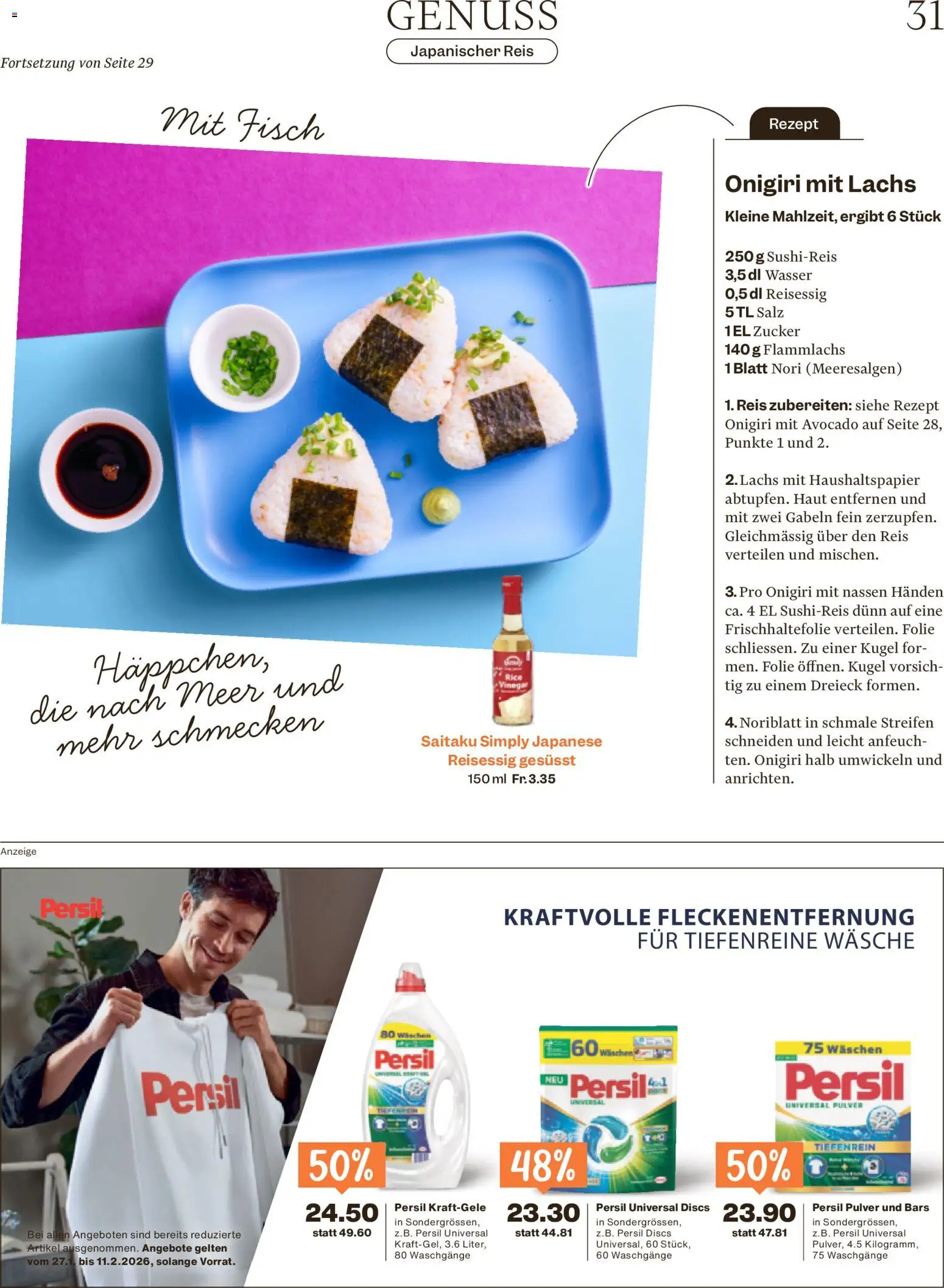 Migros Magazin – gültig ab 27.01.2026 | Seite: 31 | Produkte: Lachs, Avocado, Reis, Wasser