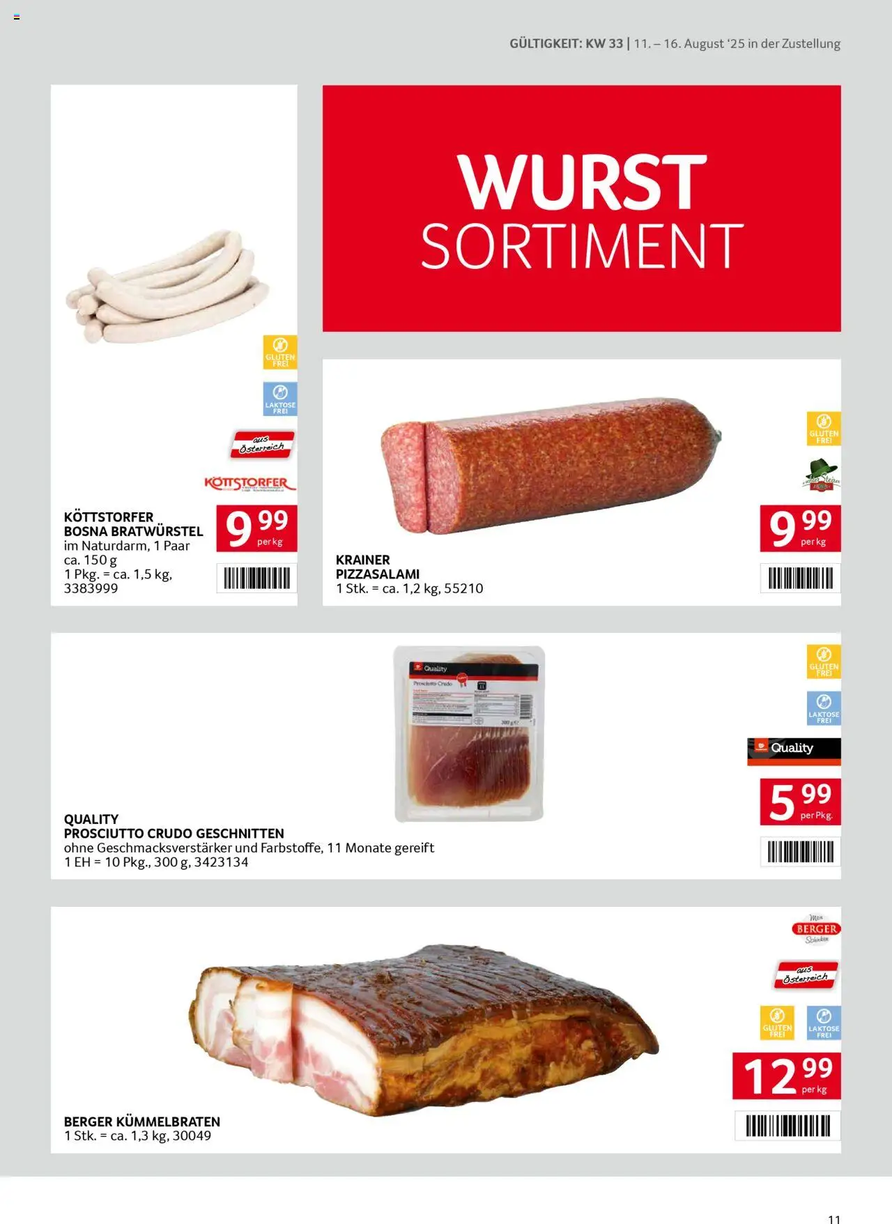 Transgourmet  Zustellaktion gültig ab 10.08.2025 | Seite: 11 | Produkte: Wurst, Schinken