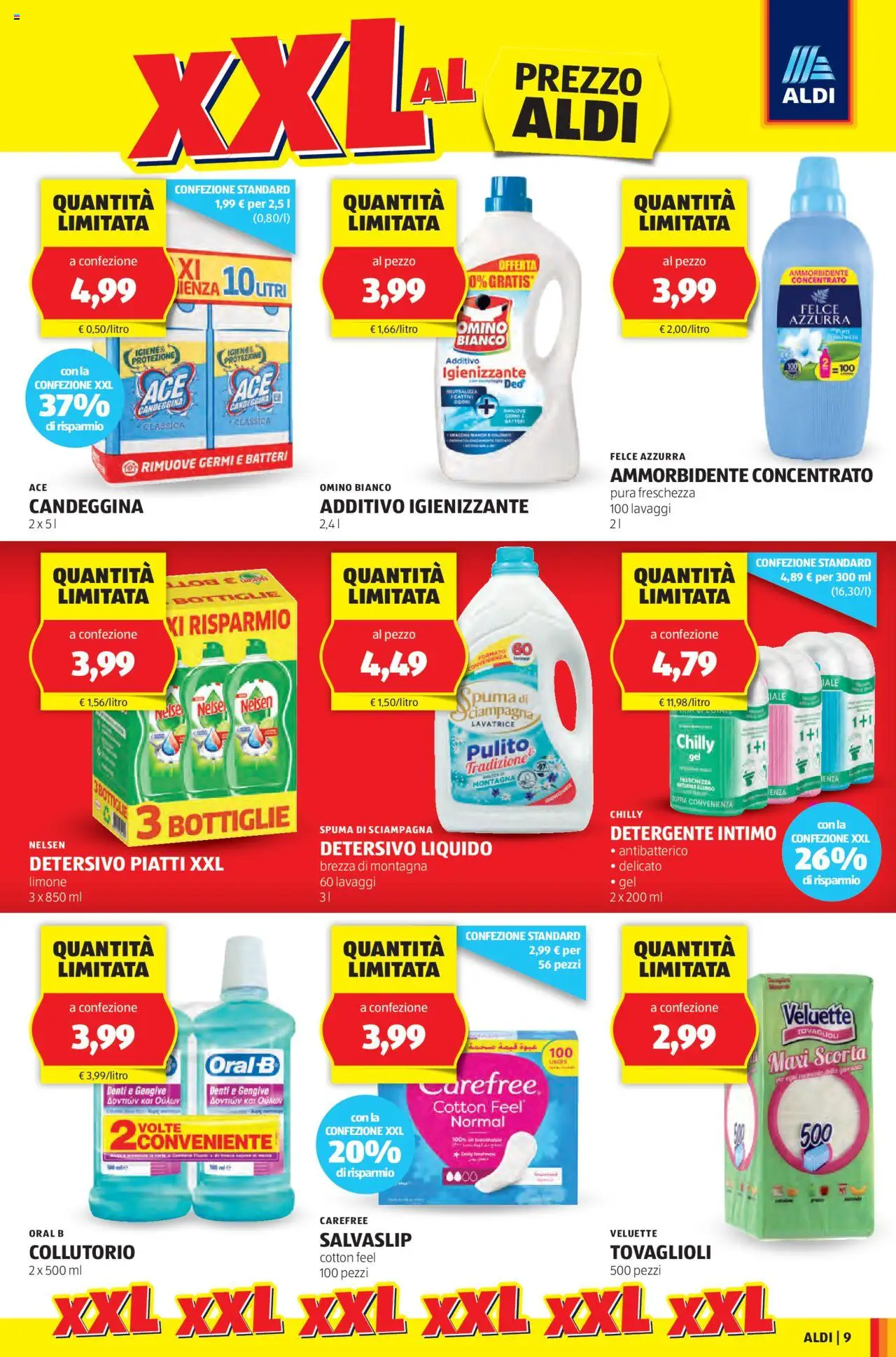 Volantino Aldi del 09.06.2025 | Pagina: 9 | Prodotti: Collutorio, Detergente intimo, Candeggina, Limone